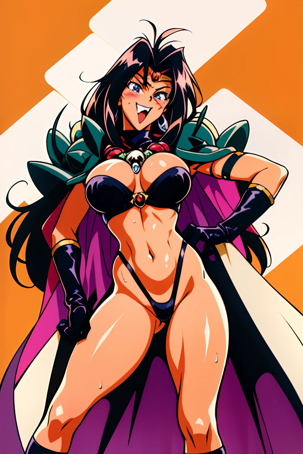 slayers, long hair,1990s (style),,retro artstyle,1girl, naga the serpent, armor, cape, circlet, gloves, jewelry, large breasts, blush, black hair, fit, toned, sweaty, shiny skin, close-up, looking at camera, looking up, open mouth, smug, skinny, long hair, full body standing, flipflops