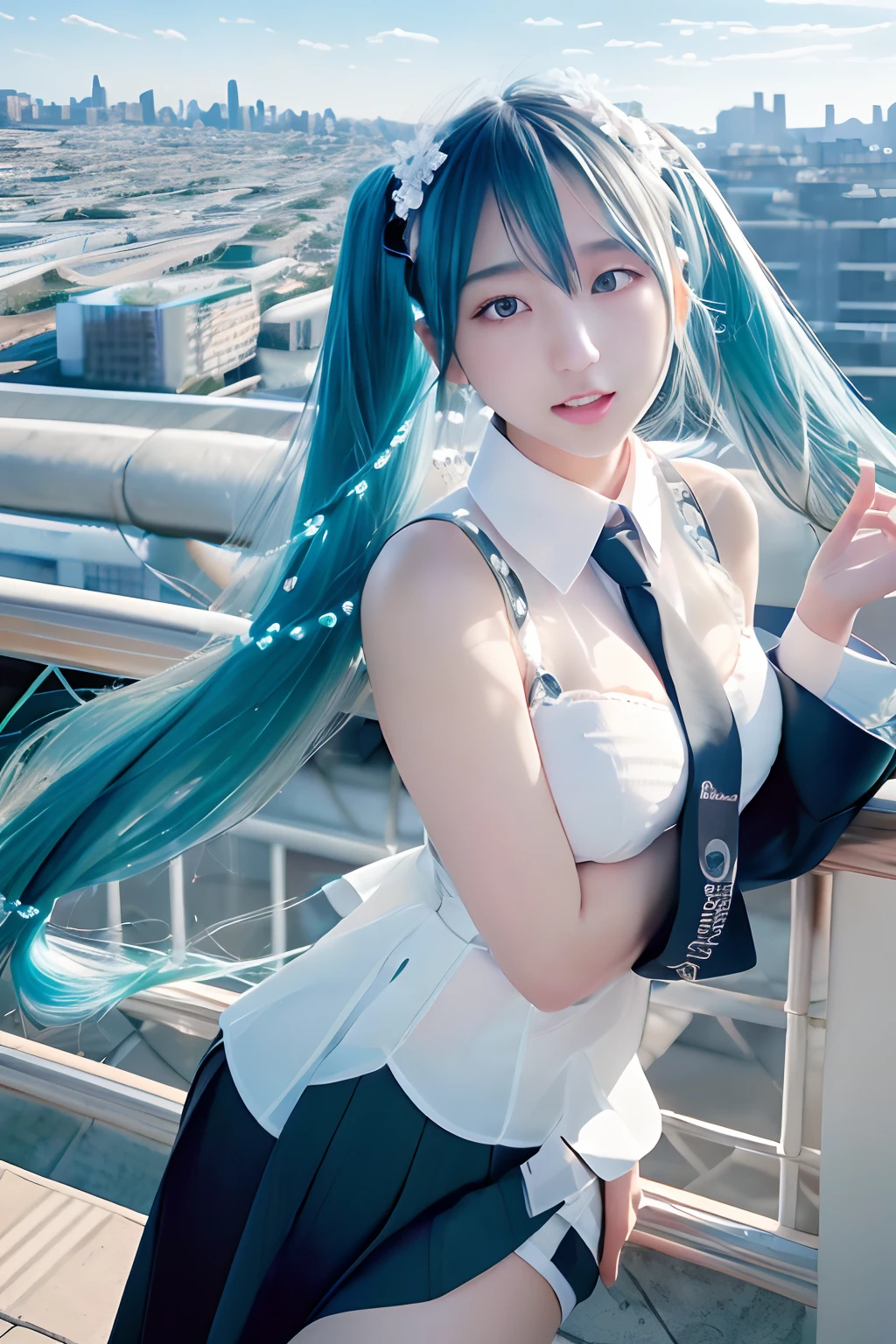 miku hatsune、Official art, ​masterpiece, Sharp Focus, (Beautiful gorgeous cute korean woman:1.3), (Beautiful cute korean woman:1.3), Korean  beauty, Delicate Beautiful Hair and Eyes and Face, realisitic, ultra-detailliert, a beauty girl, blue-sky, Glow white particles, (side lights:1.2), rays of sunshine, white clouds, Fine clouds, A slender, Pretty breasts and big buttocks, Show your teeth and smile, ((one eye closed)), Scenic, Blunt bangs、sexy facial expression、buliding、(A city scape:1.7)、Dynamic Hair、Twin-tailed、Green hair、glowingblueeyes、(Green Pleated Shirt + Black skirt)、White long socks、de pele branca、hair adornments、Epic Landscapes、