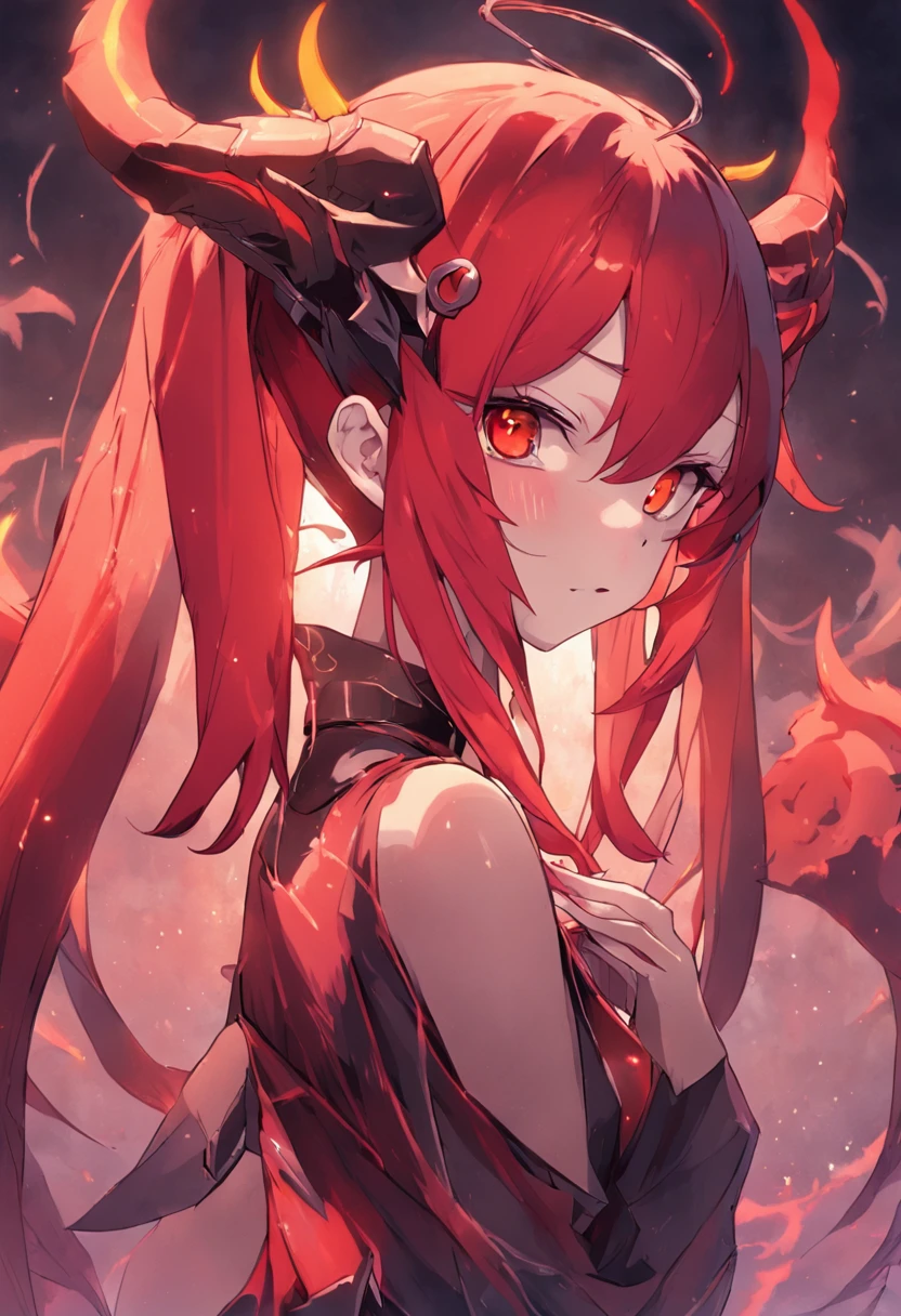 ((((Obra maestra, La mejor calidad, ultrahigh resolution)))), 1girl, standing,), ((long pure red hair, hair over eye)), long hair cut, shiny skin, ((golden eyes)), glowing_eyes, neon eyes, (ultra detailed eyes:0.7, beautiful and detailed face, detailed eyes:0.9), ((centered)), smirk, facing viewer, ((vibrant background, dark lighting, summer, sunlight)), large chested, looking at viewer, ((half closed eyes)), ((perfect hands)), (((head:1, arms, hips in view, elbows, in view))), ((hands behind back)), empty eyes, beautiful lighting, ((outside, outdoors)), defined subject, head tilt, (((gritty)), ((creepy)), ((cool)), ((beautiful)), (((SFW))), horns, hair ornament, petals in the air, moon in the sky