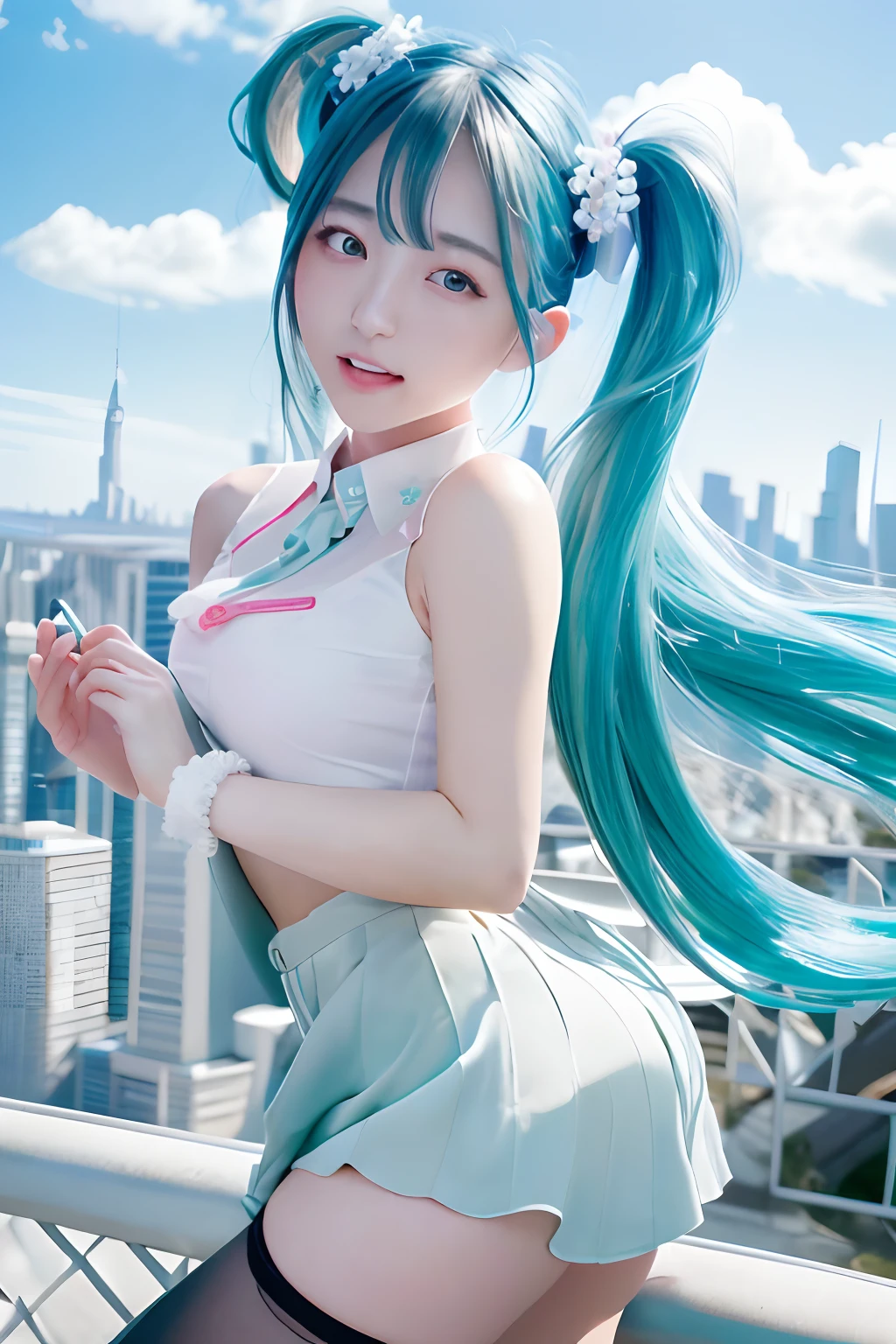 miku hatsune、Official art, masterpiece, Sharp Focus, (Beautiful gorgeous cute korean woman:1.3), (Beautiful cute korean woman:1.3), Korean beauty, Delicate Beautiful Hair and Eyes and Face, realisitic, ultra-detailliert, a beauty girl, blue-sky, Glow white particles, (side lights:1.2), rays of sunshine, white clouds, Fine clouds, A slender, Pretty breasts and big buttocks, Show your teeth and smile, ((one eye closed)), Scenic, Blunt bangs、sexy facial expression、buliding、(A city scape:1.7)、Dynamic Hair、Twin-tailed、Green hair、glowingblueeyes、(Green Pleated Shirt + Black skirt)、White long socks、de pele branca、hair adornments、Epic Landscapes、
