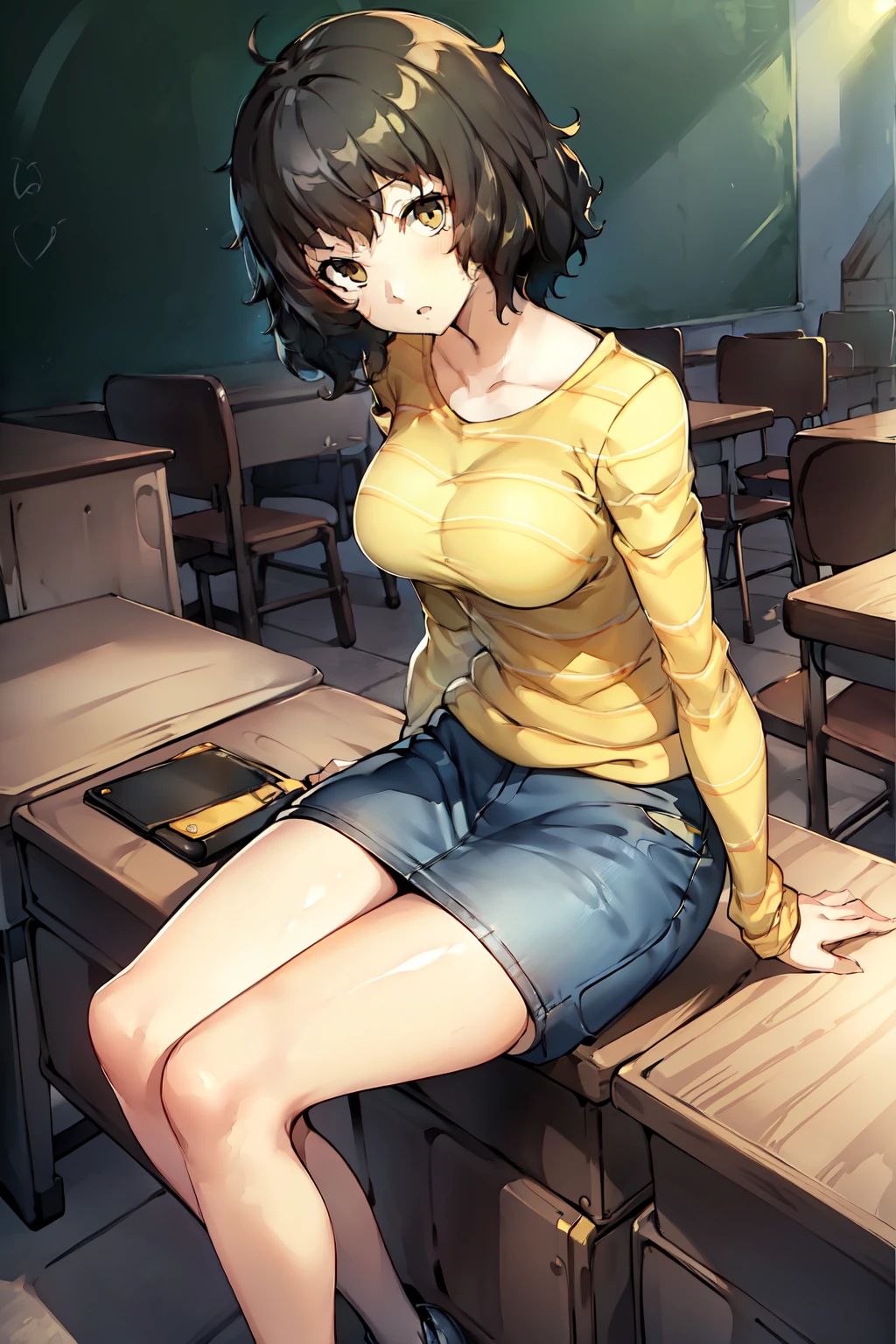 masterpiece, best quality, highres, illustration, high quality, highres, 1girl, solo, female focus, D-Cup breasts, ((yellow striped long sleeves, long blue denim skirt skirt, skirt goes down to knee)), denim shorts, teacher P5_Kawakami, sitting next to viewer, soejima shigenori, (persona 5:0.5), short hair, messy hair, brown eyes, closed mouth, straight mouth, blue denim skirt, long skirt, neutral expression, looking at viewer, volumetric lighting, face closeup, ((over-the-shoulder shot)),