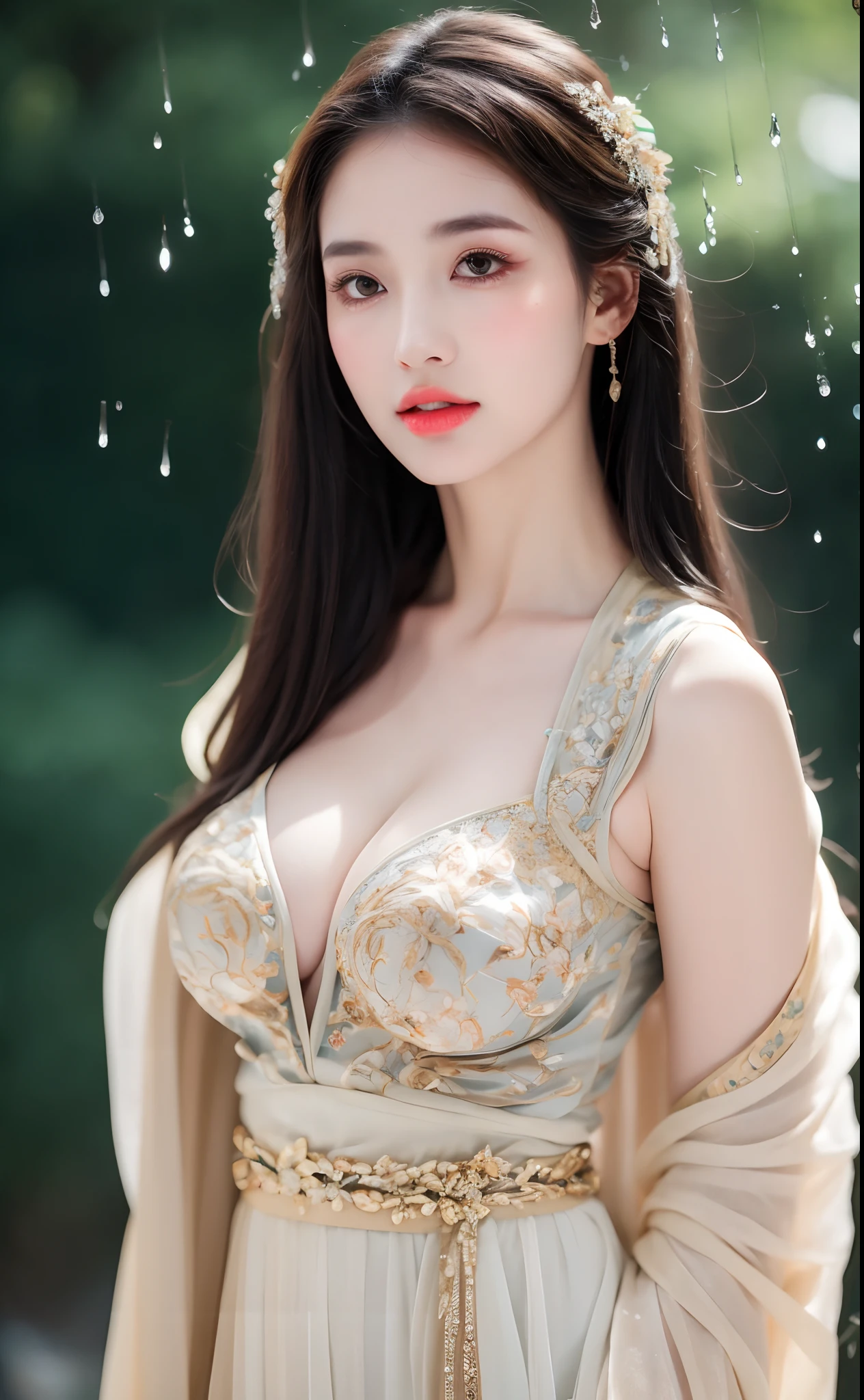 ((Best Quality, 8k, Masterpiece: 1.3)), Focus: 1.2, Perfect Body Beauty: 1.4, Buttocks: 1.2, ((Layered Haircut)), (Wet Clothes: 1.1), (Rain, Street:1.3), (Breasts: 1.2), (Hanfu: 1.2), Bare Shoulders, Bare Legs, Highly Detailed Face and Skin Texture, Fine Eyes, Double Eyelids, Whitened Skin, Long Hair, (Shut Up: 1.5), (Bokeh Background: 1.5), Big Breasts