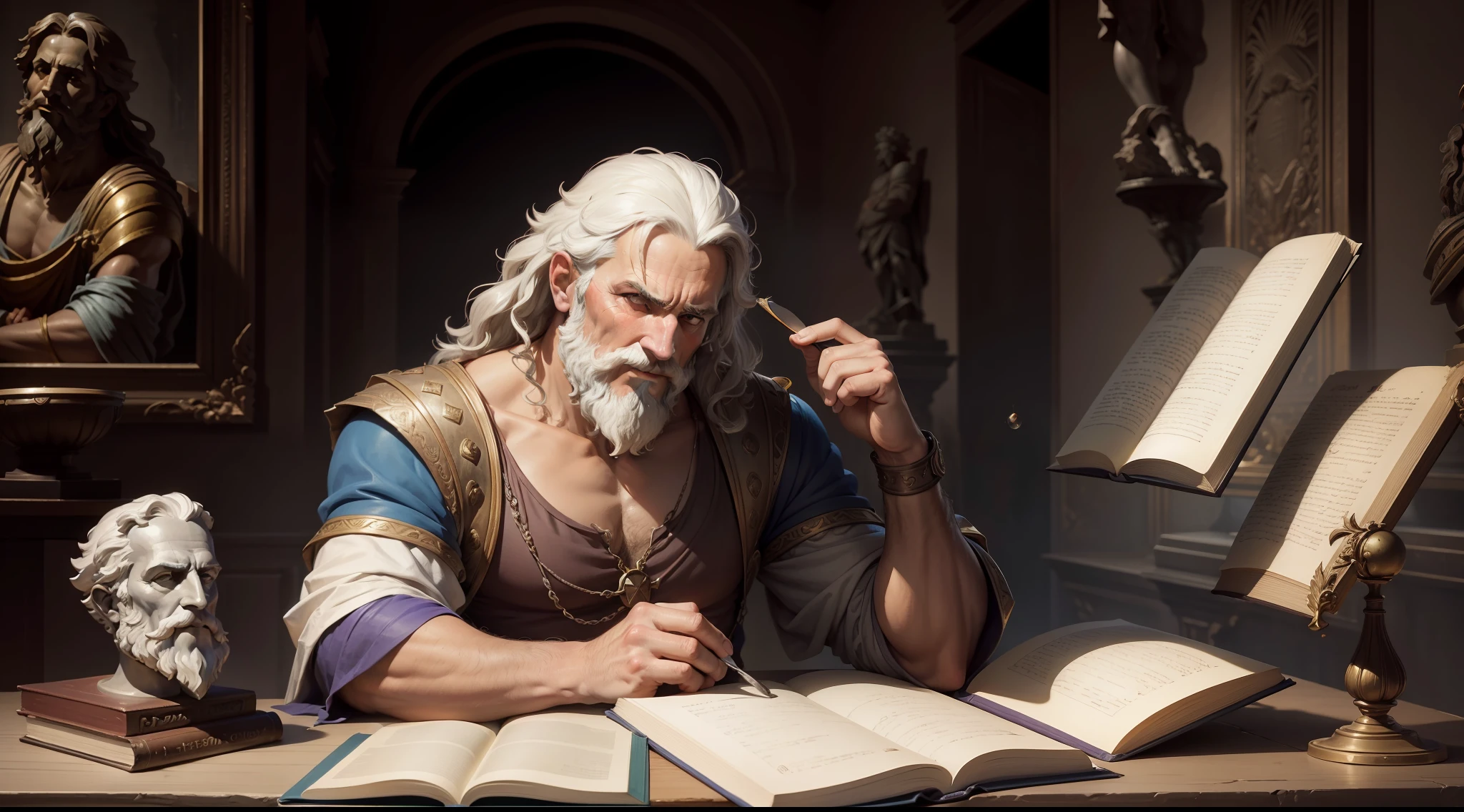 arafed man leaning on a table with a book, hephaestus, philosopher, archimedes, the god hephaestus, studious chiaroscuro, by Adriaen Hanneman, by Giorgio De Vincenzi, by Giorgio Giulio Clovio, by Pietro Testa, engraving from 1700s