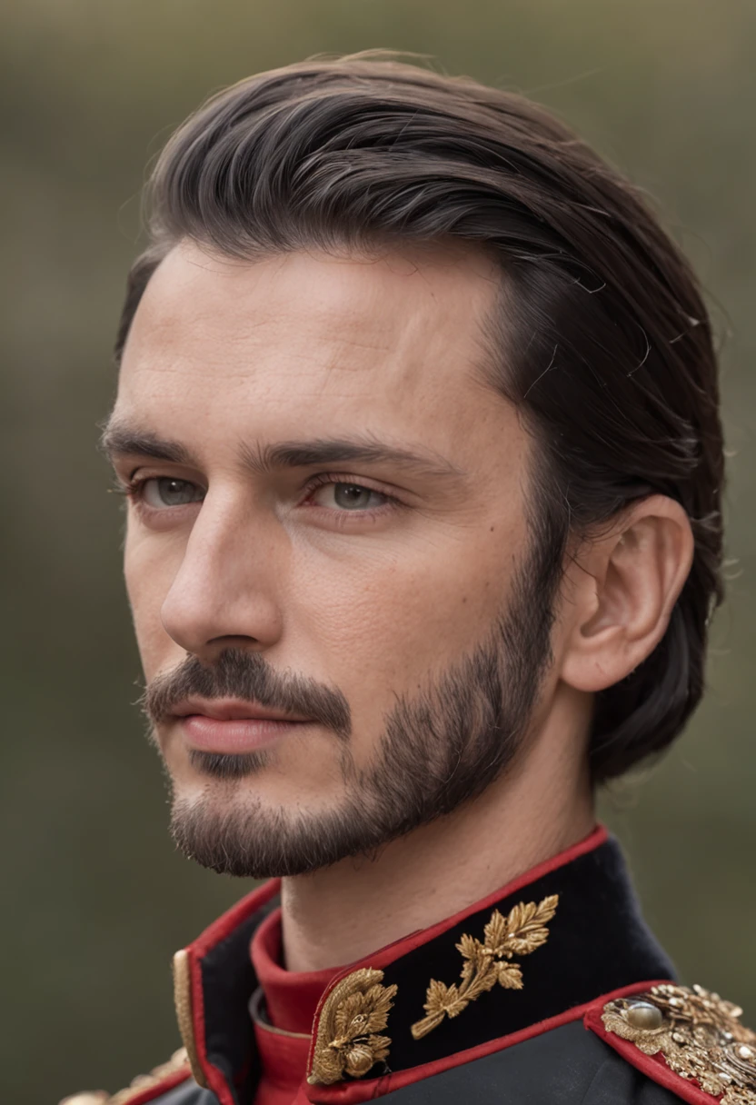 (Portrait of a handsome majestic royal king with black slicked back hair and trimmed stubble)