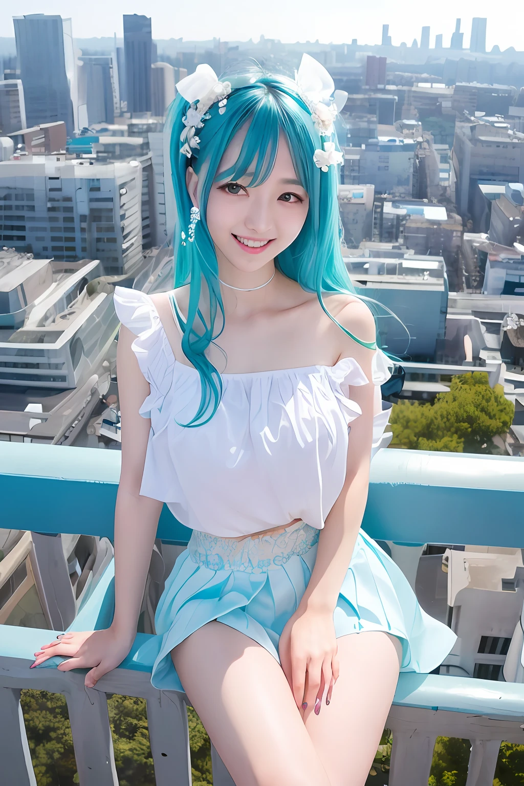 miku hatsune、offcial art, tmasterpiece, Sharp focus, (Beautiful gorgeous lovely Korean women:1.3), (Beautiful cute korean woman:1.3), South Korean beauties, Delicate and beautiful hair，Eyes and face, hentail realism, ultra - detailed, a beauty girl, blue-sky, Luminous white particles, (side lights:1.2), rays of sunshine, White clouds, Fine clouds, slenderness, Pretty breasts and big buttocks, teeth showing，ssmile, ((Smile with your eyes, open both eyes)), scenic, Blunt bangs、sexy facial expression、buliding、(view over city:1.7)、Dynamic hair、double tails、Green hair、glow blue eyes、(blue pleated shirt + White skirt)、long white socks、white skinned、hair adornments、epic landscapes、