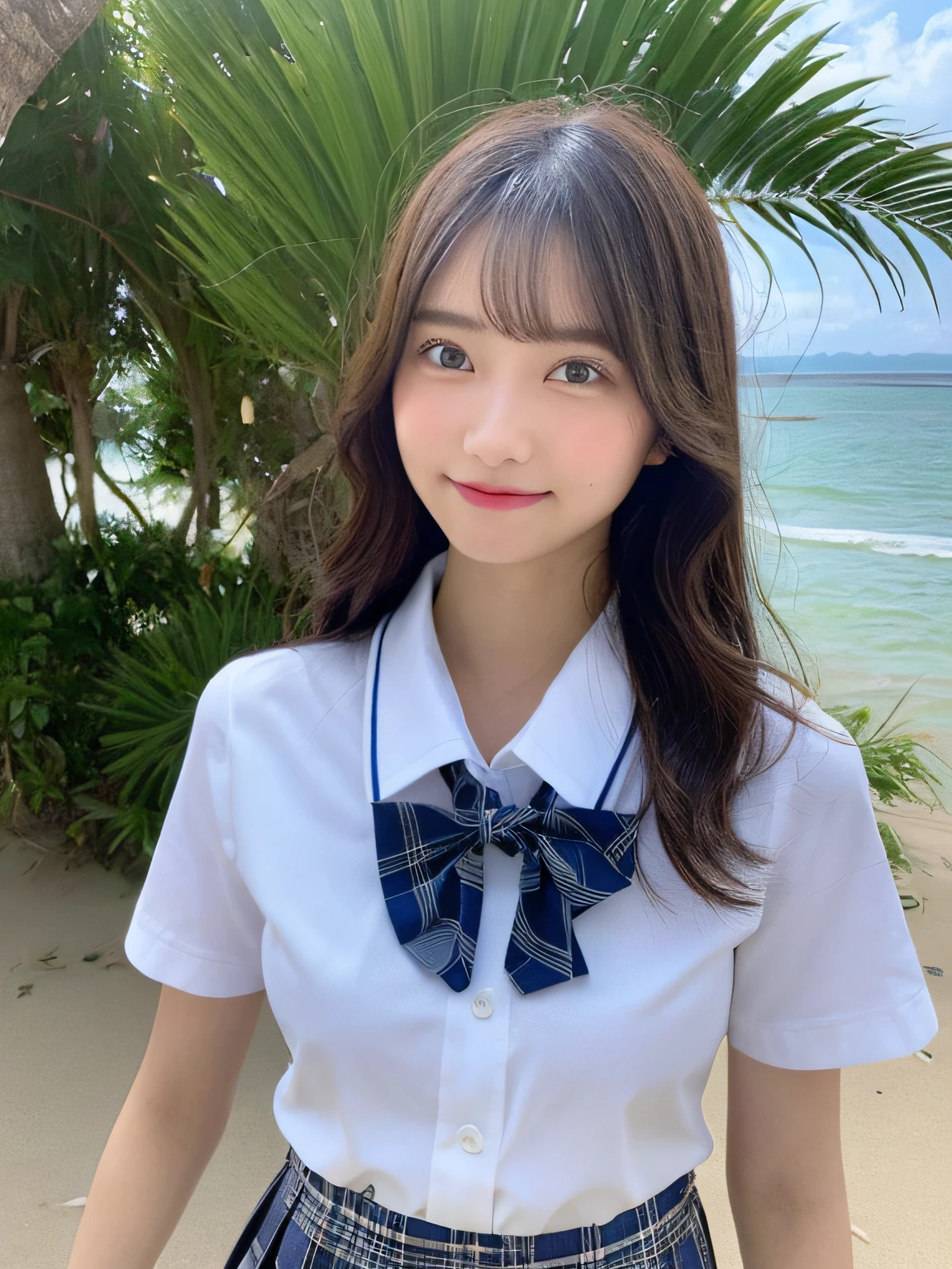 ((top-quality、in 8K、masterpiece:1.3))、foco nítido:1.2、Beautiful girl in perfect style:1.4、A slender、((A dark-haired、huge tit、tits out:1.2))、(夏天、Mare、beach、Enoshima:1.1)、Highly detailed facial and skin texture、A detailed eye、二重まぶた、Sweaty、A sexy、the beach、summer vacation、date、Okinawa、hawaii、Mare、sand beach、ocean view、((beach))、((Uniform 1.5))、jk suit plaid skirt pleated skirt shirt bowtie