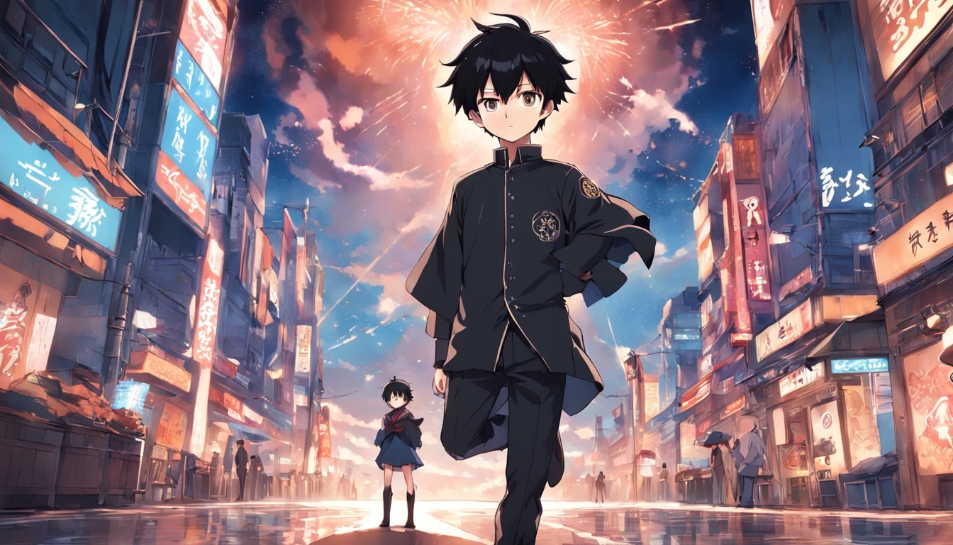 (ridiculous, high resolution), (panorama), , red eyes, short hair, black hair, smile, white clothes, black coat (white magic streamer for hands), western-style town, square, magic bloom, (blue magic array under feet), crowd, daytime,