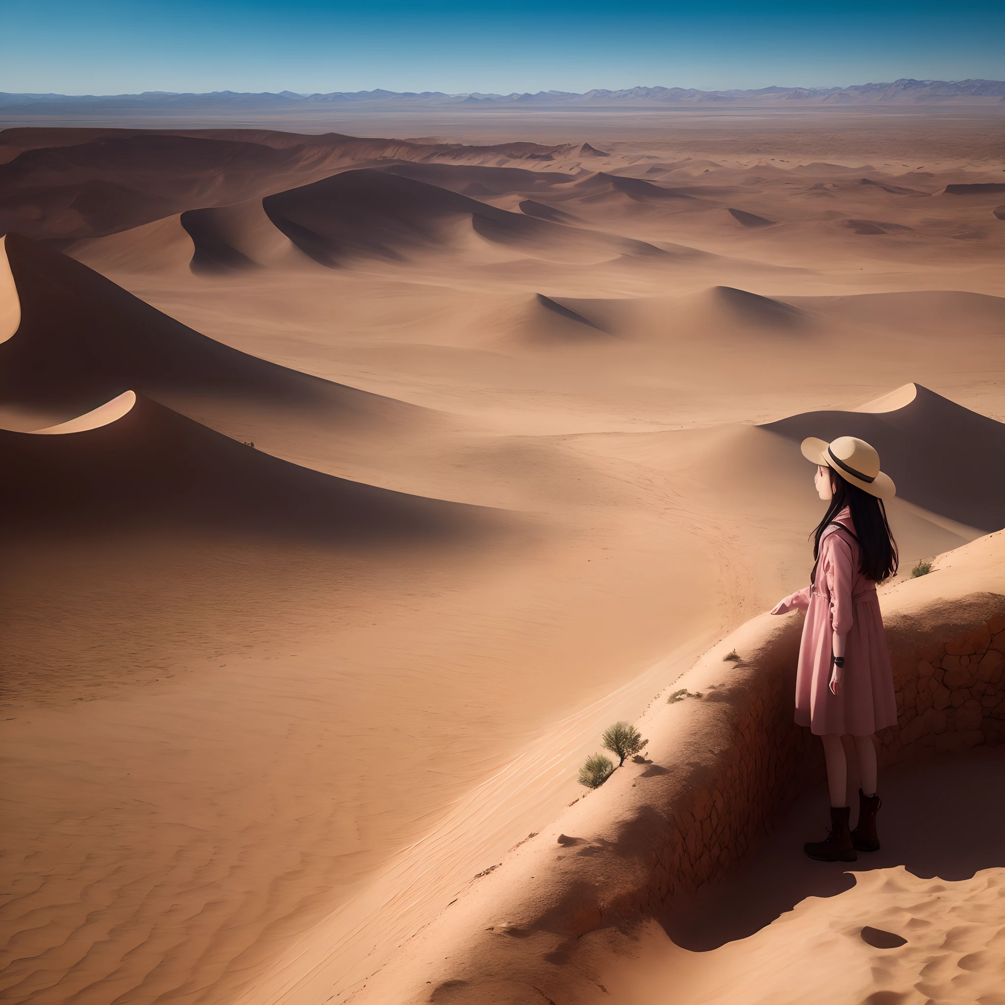 A desert、girl with、vast scenery、traveller