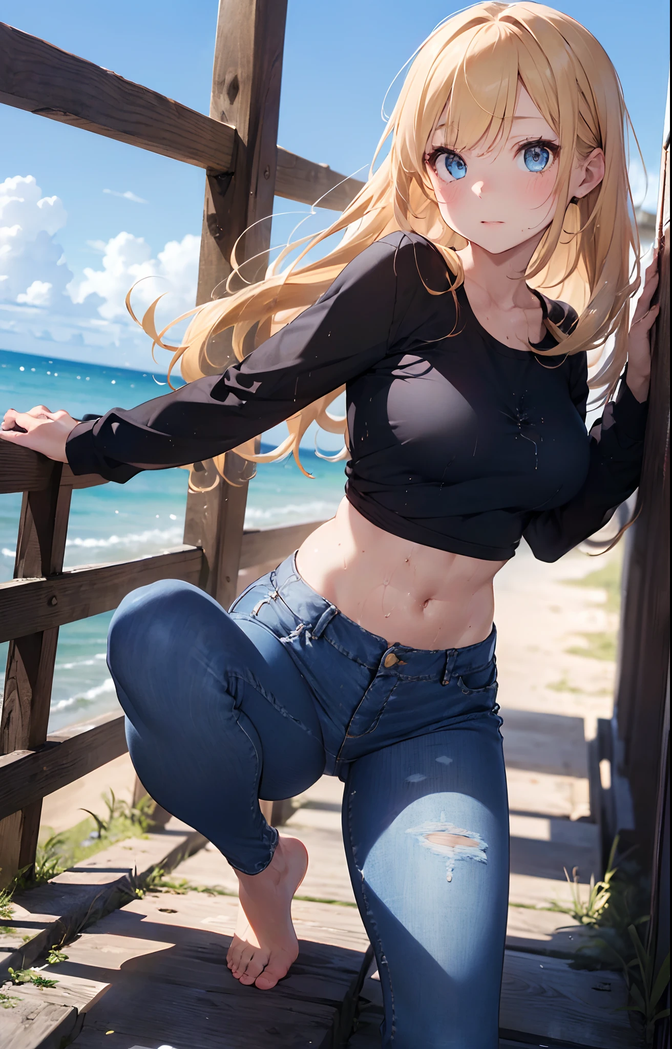 #Basics A girl is posing for a photo, (((One Girl))), (((Baby Face:1.4)) + ((cute:1.4)) + ((15 years old))),
break
#Clothing Accessories
(Black high neck sleeveless shirt:1.2 + (low-cut dress:0.8)) + (Blue denim mini pencil skirt) + ((Black Pantyhose:1.4) : (Shiny) + (Sheer) + (Very low denier)) + (Shiny黒ハイヒール),
break
#Features
((Blonde:1.2)), ((Long side bangs:1.5 + Voluminous side bangs)), (((Straight Long Hair) : Long Hair + Voluminous Hair + Straight hair)),
((Droopy eyes:1.4, Big eyes:1.2), blue eyes), (Small breasts),
break
#background environment
((noon + Sunlit coast, cumulonimbus)),
#Facial Expression Pose
((smile, blush), ((Stand with your arms outstretched horizontally)),
#composition
((Face the camera, (Character Focus), (Angle from the front), (full body))),
break
#Body parts elements
(Slim figure),
(Detailed Hair, Beautiful Hair, Shiny Hair),
(double eyelid, Long eyelashes, Thin eyebrows:1.4),
(Expression of fine eyes, Beautiful and delicate eyes, Sparkling eyes, Eye Reflexes, Glitter Eyeliner),
(Human Ear),
(Beautiful Nose, Thin Nose),
(Shiny唇, Beautiful Lips, Thick lips), (Symmetrical facial features),
(Detailed skin, Textured skin, Beautiful Skin, Oily skin),
break
#Quality Image Quality Common
(((Highest quality)), ((masterpiece)), ((Very detailed))), ((Ultra-high resolution)), ((16K, 1080P)), ((Full HD)),
(Anatomically correct), (Realistic), (3DCG), (Oil painting),
((comics, anime)), (CG illustration), (RAW Photos),