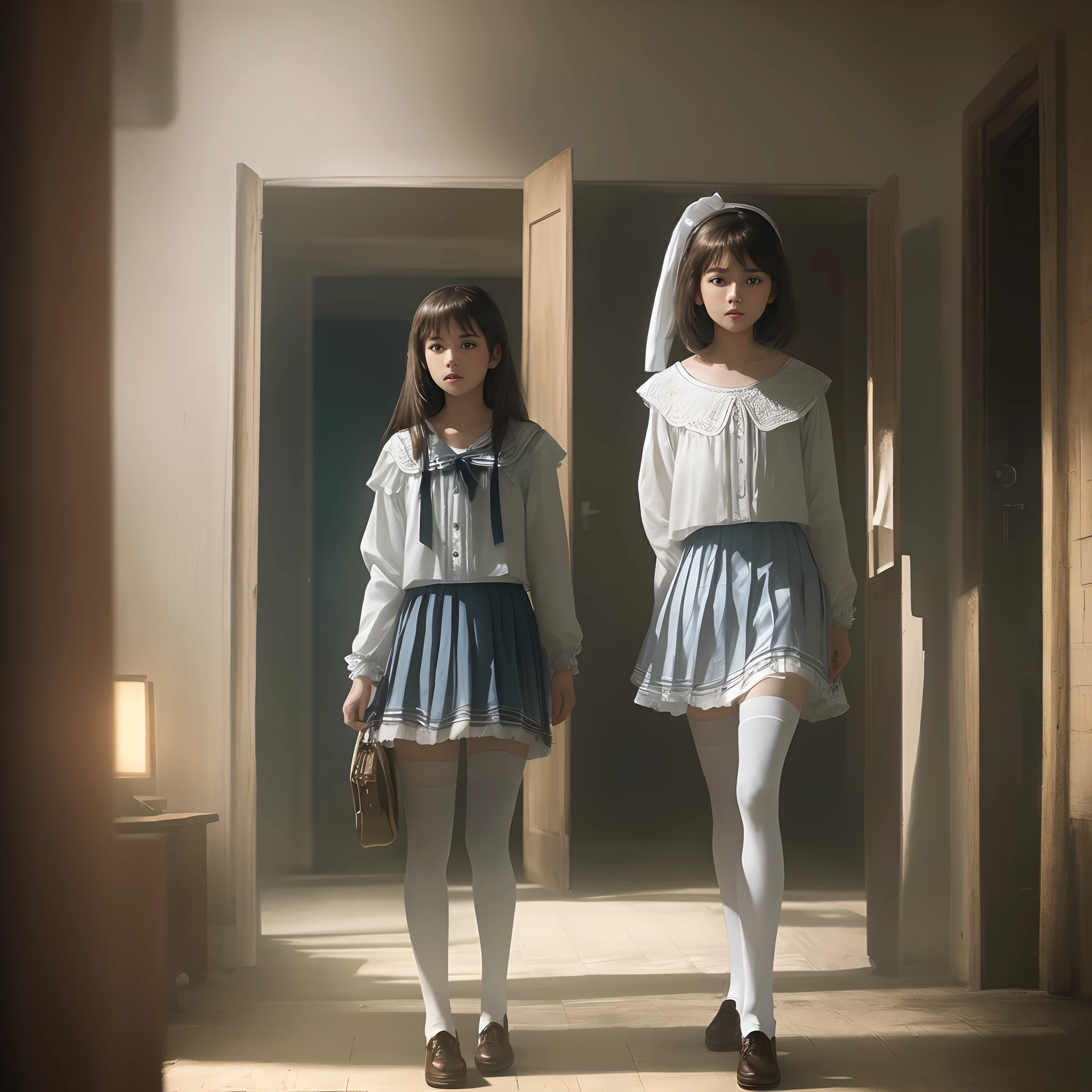 tmasterpiece，best qualtiy，cinematic Film still from，s girl，in the early morning，white stockings，misterious