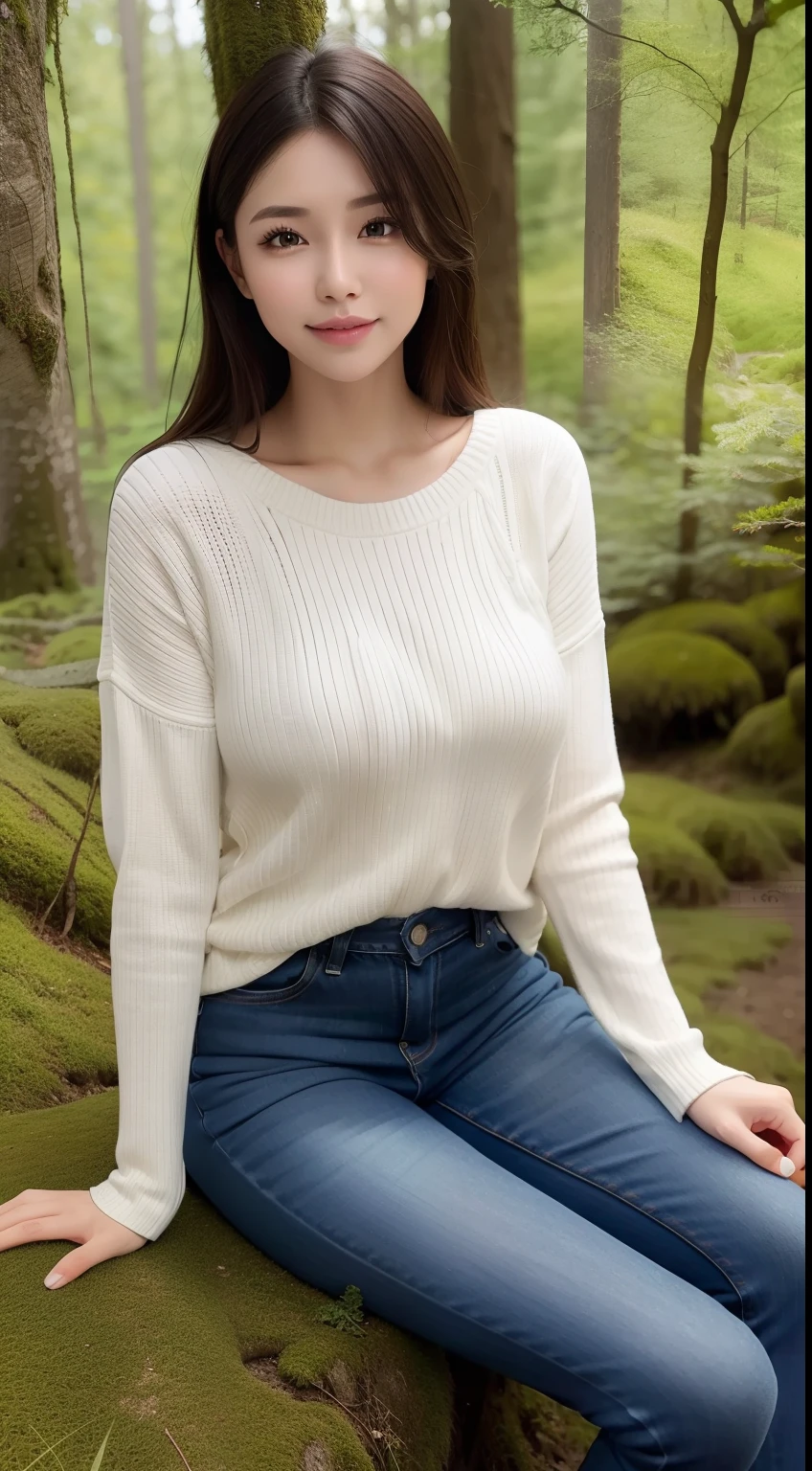 a pregirl，ssmile, looking at viewert，Sweaters，skintight jeans，photore, realisticlying, Best quality at best， 详细的脸，Detailed eyes，Sitting on a large mossy rock in the woods， diffuselighting, depth of fields