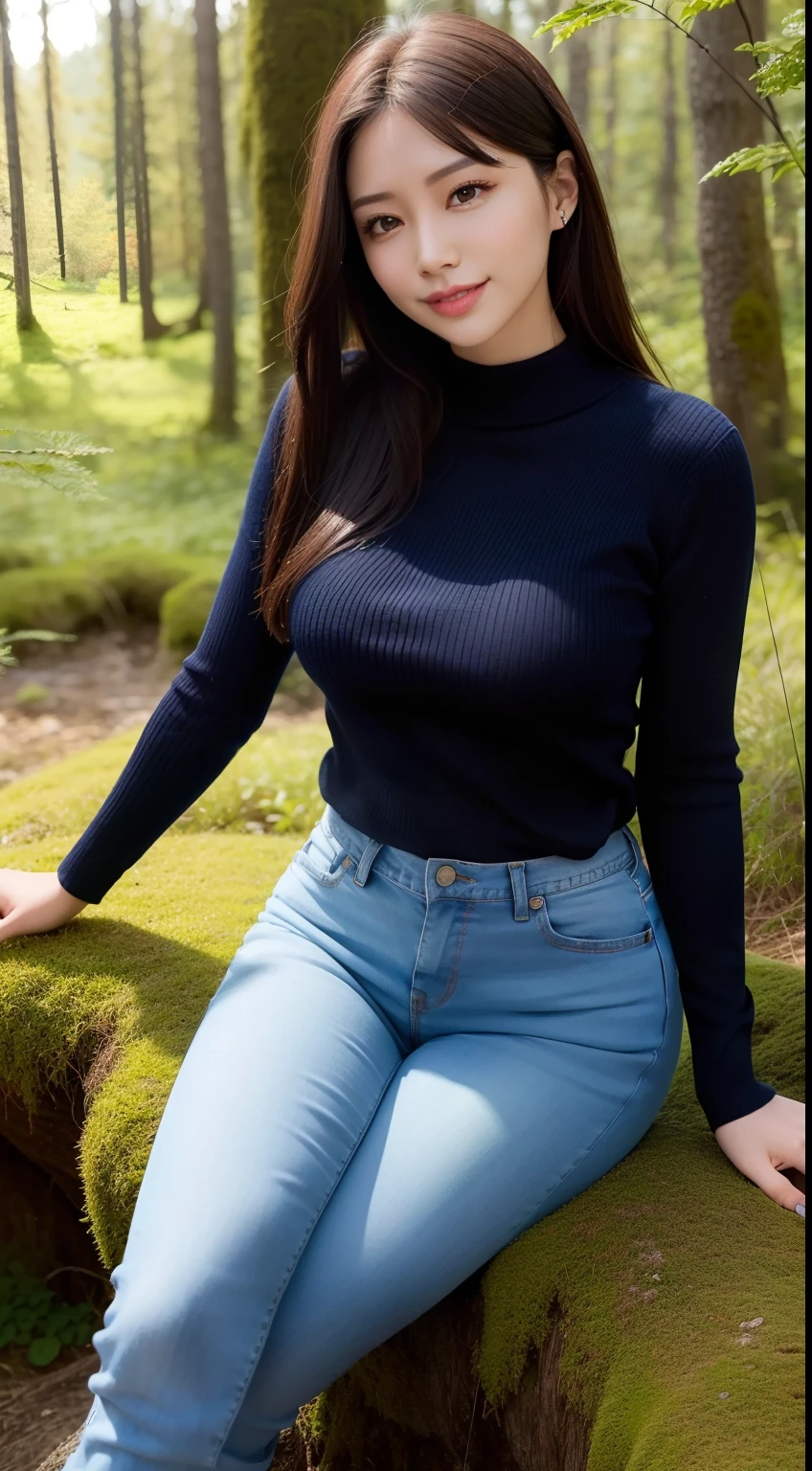 a pregirl，ssmile, looking at viewert，tight sweater，skintight jeans，photore, realisticlying, Best quality at best， 详细的脸，Detailed eyes，Sitting on a large mossy rock in the woods， diffuselighting, depth of fields