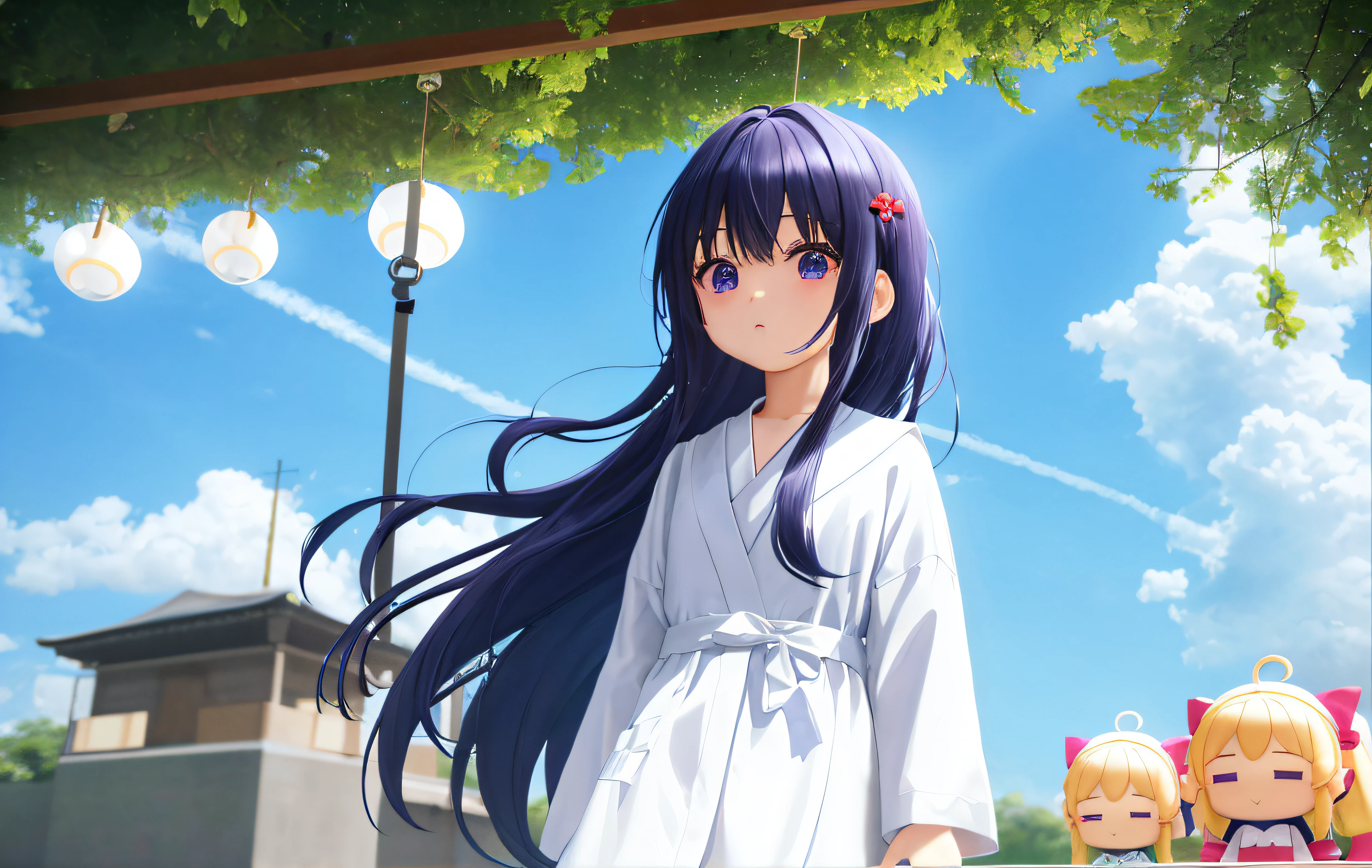 Hanging on a wind chime、Pop Mart Blind Box IP、Close-up of cute white robe doll、Young One Angel Style、Wearing long, fluent clothes、Lop style、Poseline doll、Little people々。unreal enginee 5、Light 3D/C4D production: 8K HD quality/illuminating/Ultra detailed lens depiction 1.5、flawless、Chibi Background/cinematic。