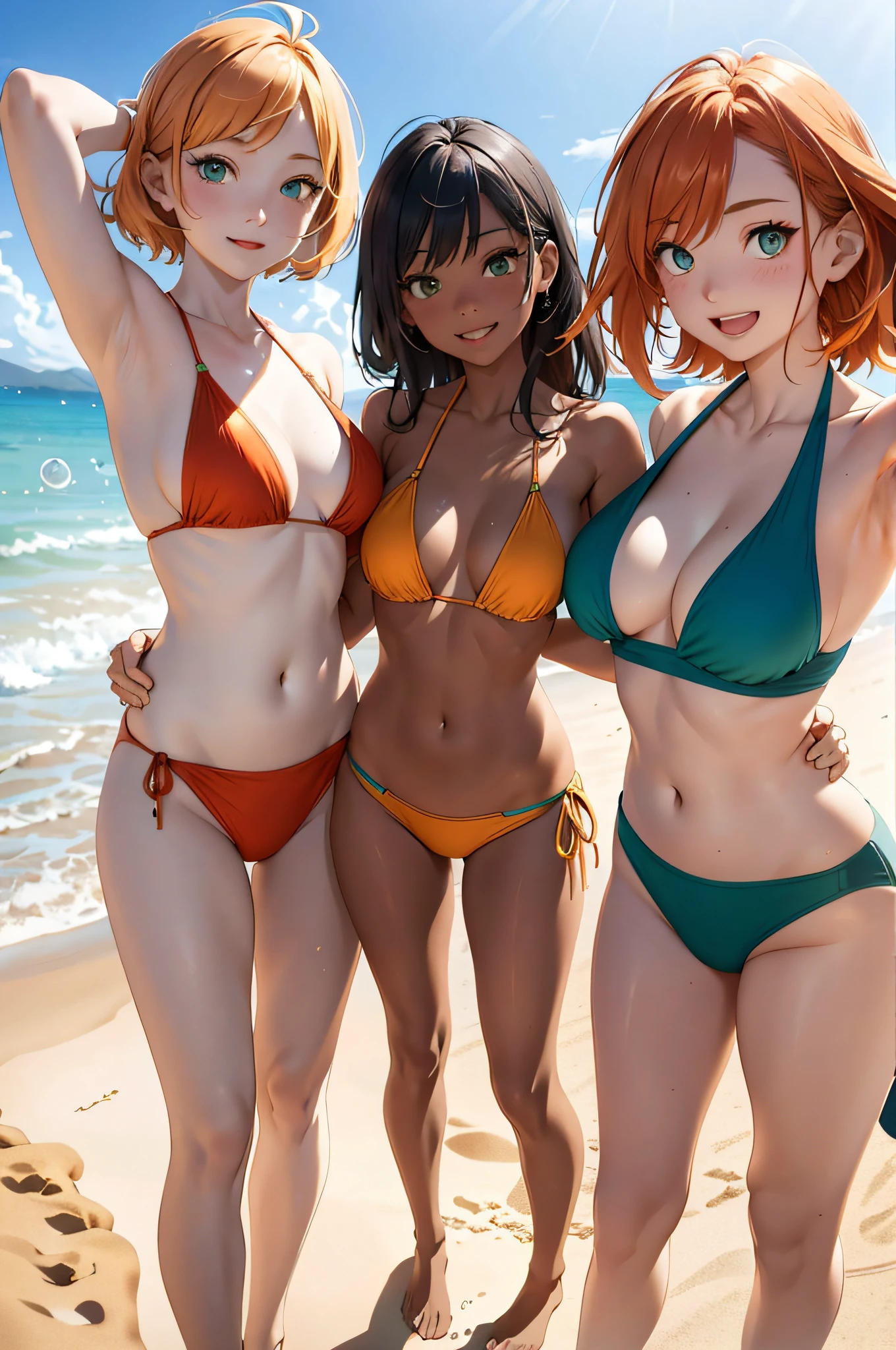 (Official art、Best Quality、Unity 8k Wallpapers、32K、masterpiece、ultra-detailliert、超A high resolution、realisitic、Photorealsitic:1.2)、(natural soft light:1.2)、Fireglow effect、film grains、Best Shadows、Rim lighting、side lights、sideshot、(Ultra-detailed and complex 3D rendering)、Detailed beautiful face and eyes、、Full body, sand beach、beauitful face、blurry backround、18 year old beautiful girl、shinny skin、beautiful orange hair、Green eyes、Bikini swimwear、raise arms、beach balls、Curve、Dynamic Poses、Smile with open mouth、Two girls、