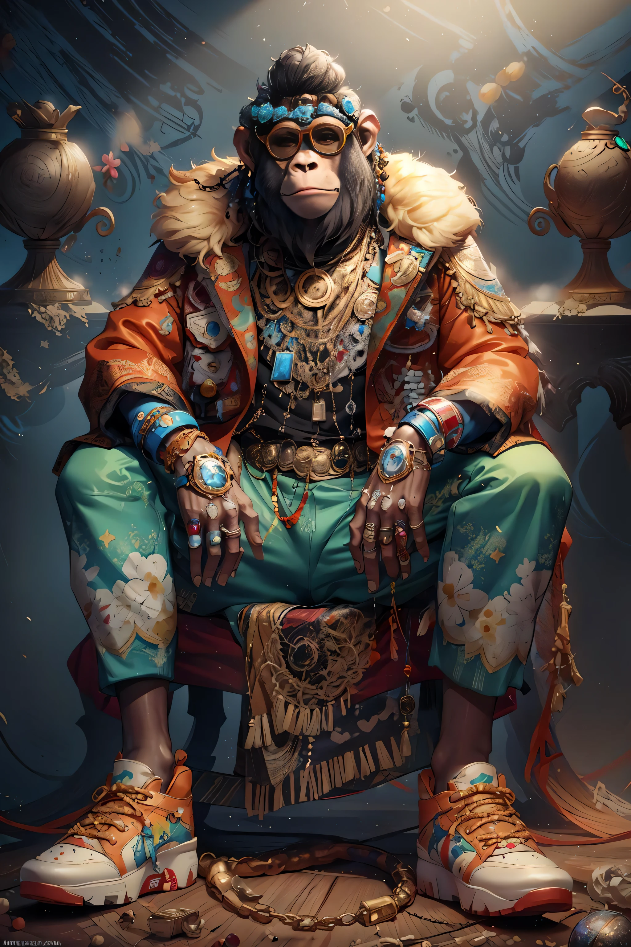 masterpiece, best quality, photorealistic ,fashionmonkey, gorilla, eyewear on head, gears, gem, goggles , gold, jewelry, magic circle,male_focus, owl, pants, shoes, sunglasses, tassel, throne,