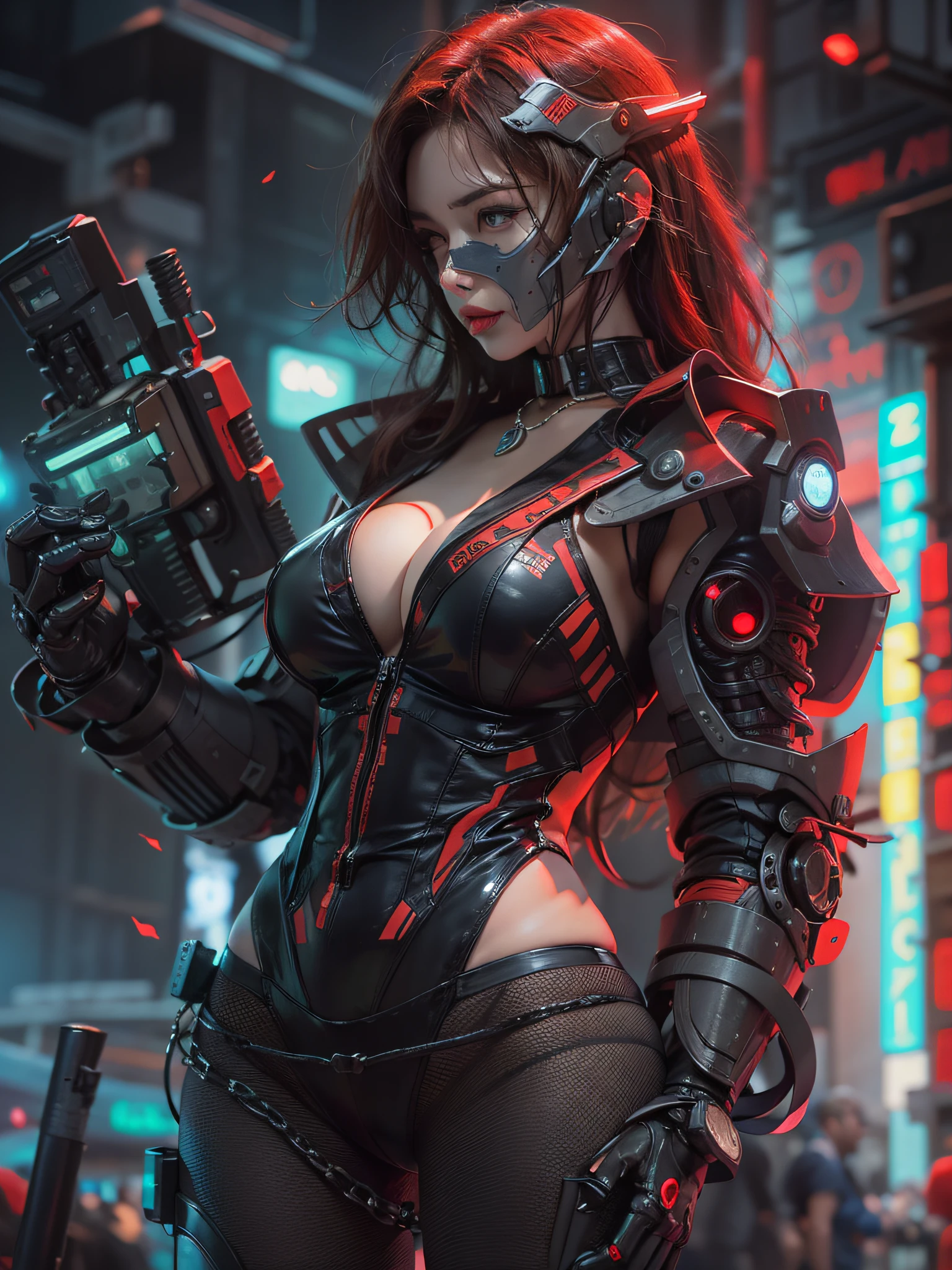 Sexy female mech，Raised sexy，，Dark_Fantasy，In front of a futuristic strip club，Viral NFT trends on Pixiv，cyber punk perssonage，（chainsaw，chainsawman，red colour：1.1），Mechanical Wonder，Robotic presence，cybernetic guardians，Wear a detailed mech suit， battle armor，iintricate，（Steel metal[rusted]），ellegance，Clear focus，Photographed by Greg Rutkowski，gentlesoftlighting， vivd colour， tmasterpiece， （the street））， cowboy lens， dynamicposes， The breast is exposed， boobs exposed， Latex tights torn， action scene， one-girl