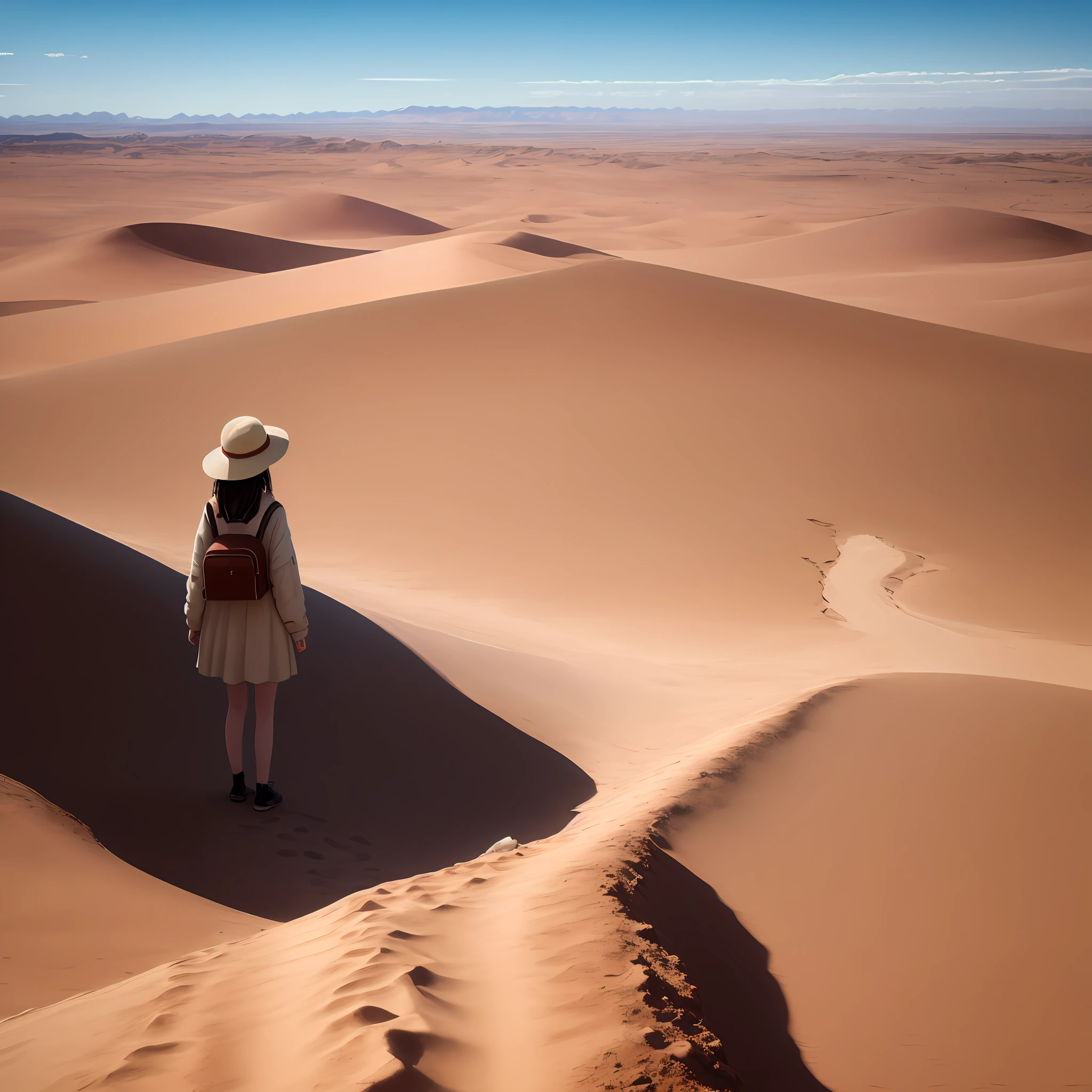 A desert、girl with、vast scenery、traveller