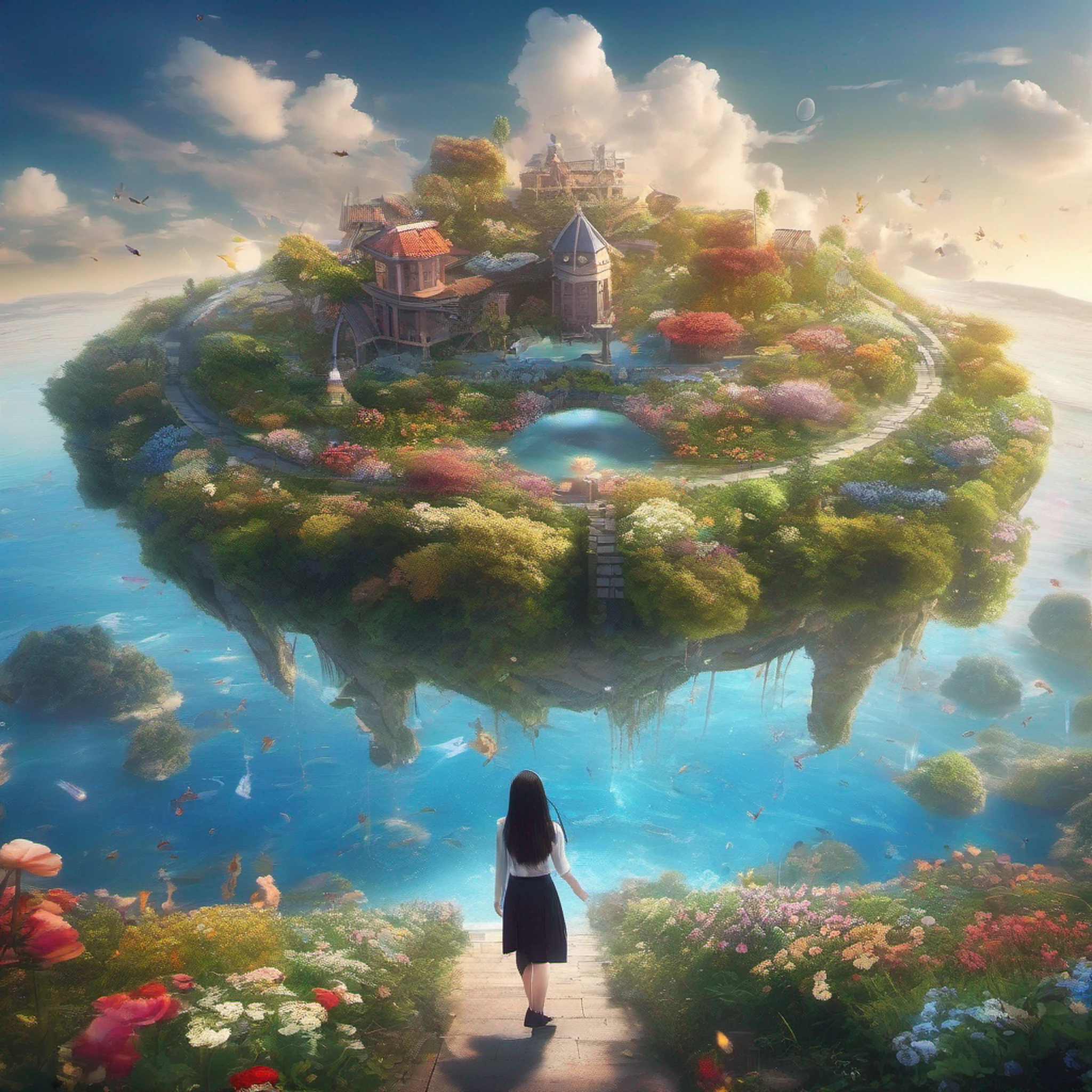 ccurate, best quality, masterpiece, UHD, high details, award winning, (Amazing:2.0), (Surrealism), Conceptual art, Verism, cinematic lighting, floating island in the sky, (((beautiful flower garden))), Horizon, blue sky, paradise scenery, flowers, wind flow, (((fantasy))), frontier, (magnificent space), blurry foreground, bokeh, Hasselblad, lens flare, beautiful school girl, (17 yr old), ((((full body)))), from behind, she moving, without looking at me, (((wearing school uniform))), black eyes, black hair, (floating hair), ((8 life size)), detailed hairstyles, detailed bodyline, anatomically correct, cute face, ((accurately portray her)),