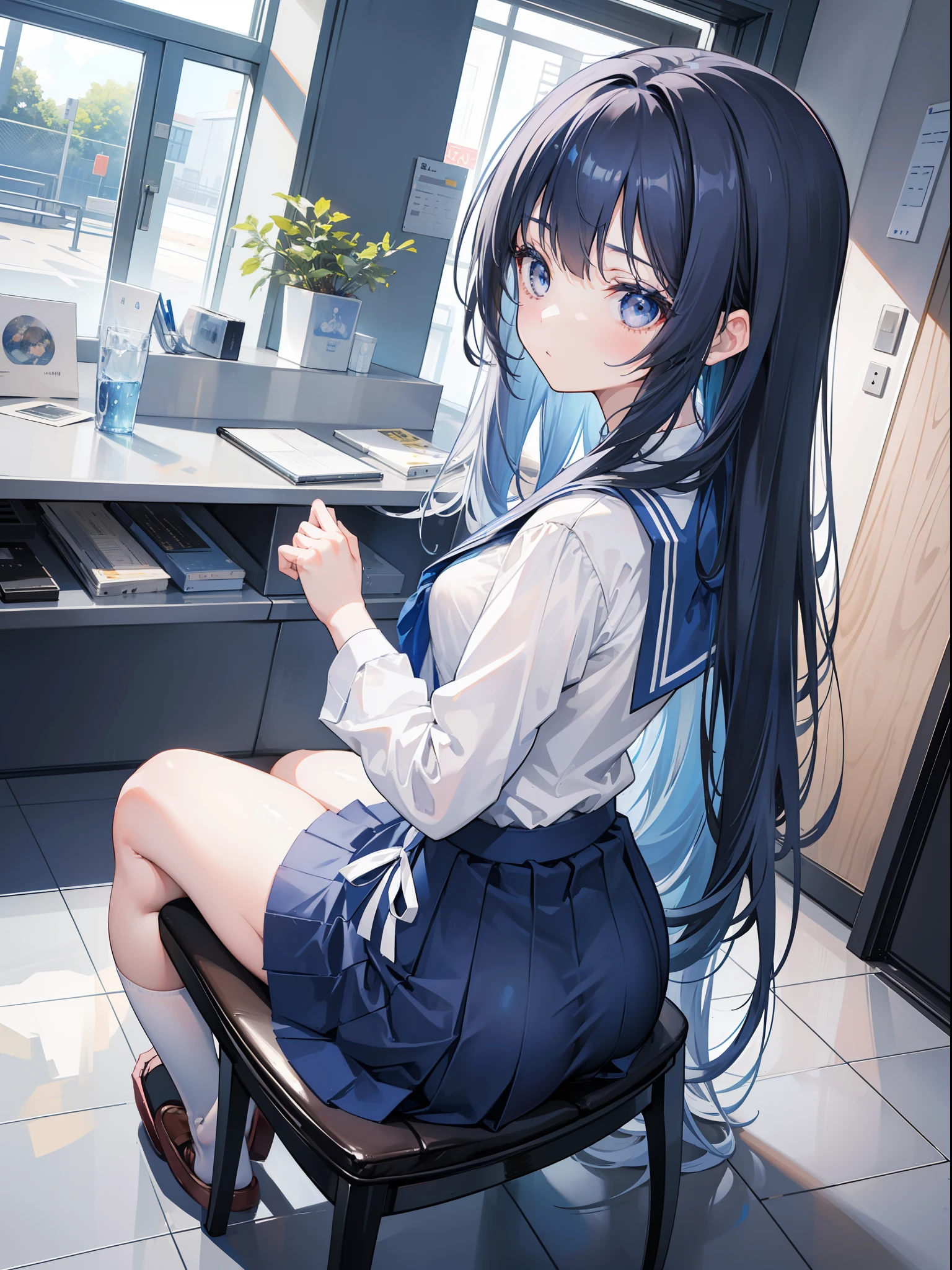 1girl, 164 cm height, tall girl, navy colored hair, very long hair, white silver eyes, blue skirt, high school uniform, blue ribbon, sitting, butt form, back view, no looking, sit on chair, crouching, butt full view, heavy ass, Giantess, low angle, fish eye perspective,