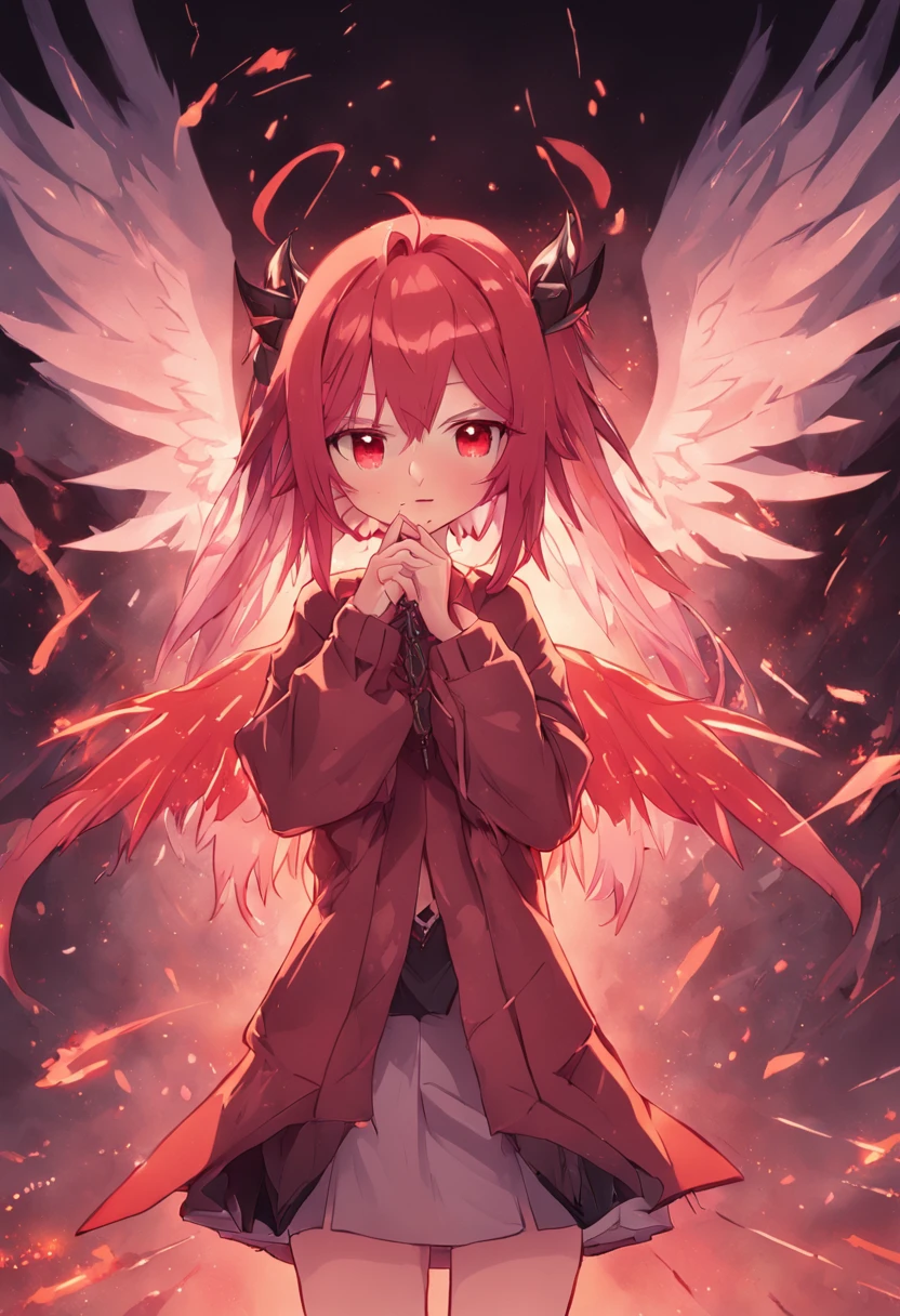Girl with light red hair and twin tails with horns on one side、One-winged devil、No one-sided angle、Dragon Tribe Girl、Diabolical、The dragon、yandere
