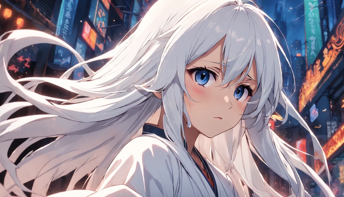 Anime character with long white hair, Flowing hair and white robes，The hand is decided