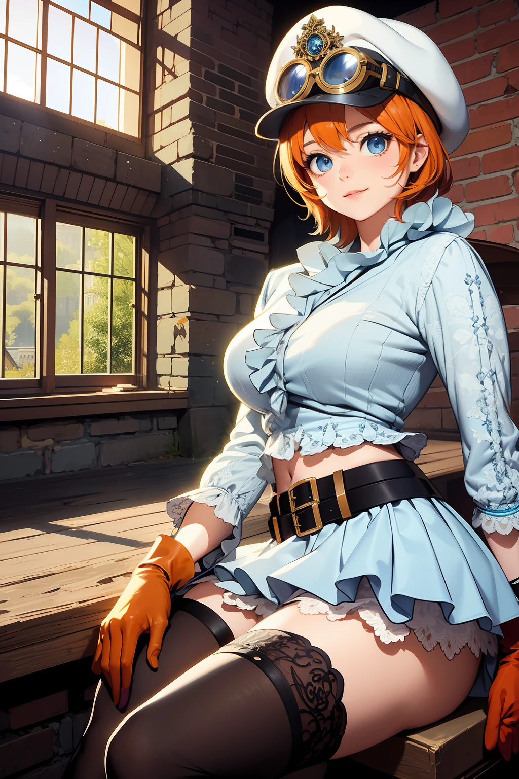 masterpiece, ((ultra detailed background, delicate pattern, intricate detail)), (highly detailed, fine details), best quality, beautiful lighting, (portrait), Koala, 1girl, solo, short hair, blue eyes, hat, goggles on headwear, smile, gloves, white shirt, orange hair, skirt, black thighhighs, zettai ryouiki, frills, belt, boots, ((slim girl, medium breasts)), complex detailed background, inside, room environment, gray castle walls, brick walls, old building interior, spaceful room,