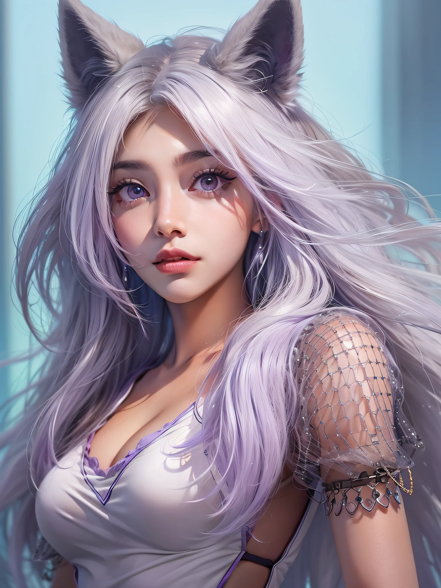 solo person,shaggy,coyote,canid,s girl,Dog girl,Gray fur,long white hair,The ends of the hair are purple,Purple eye,Handsome,large tail,full bodyesbian,Raised sexy