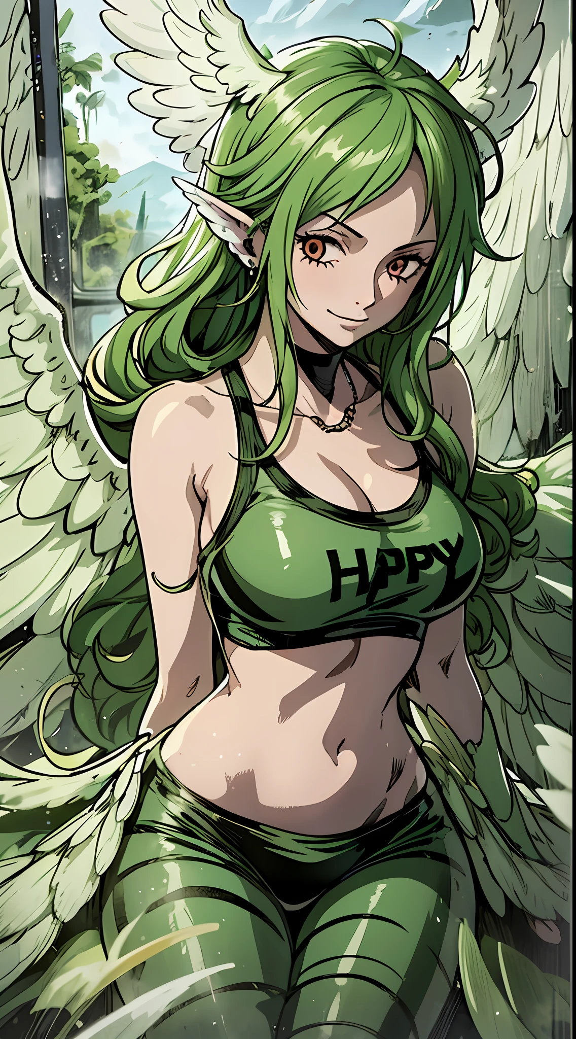 a girl, green hair, harpy wings, harpymonet