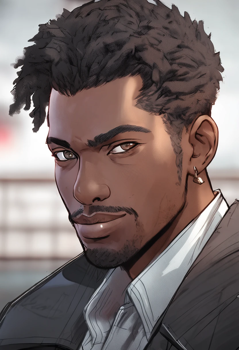 Closeup face portrait of 33-year-old black male with strong expressions, soft and smooth skin, big dreamy eyes, beautiful intricate, symmetrical medium colored hair, wide anime eyes, soft lighting, detailed face, by makoto shinkai, stanley artgerm lau, wlop, rossdraws, concept art, digital painting, looking at camera