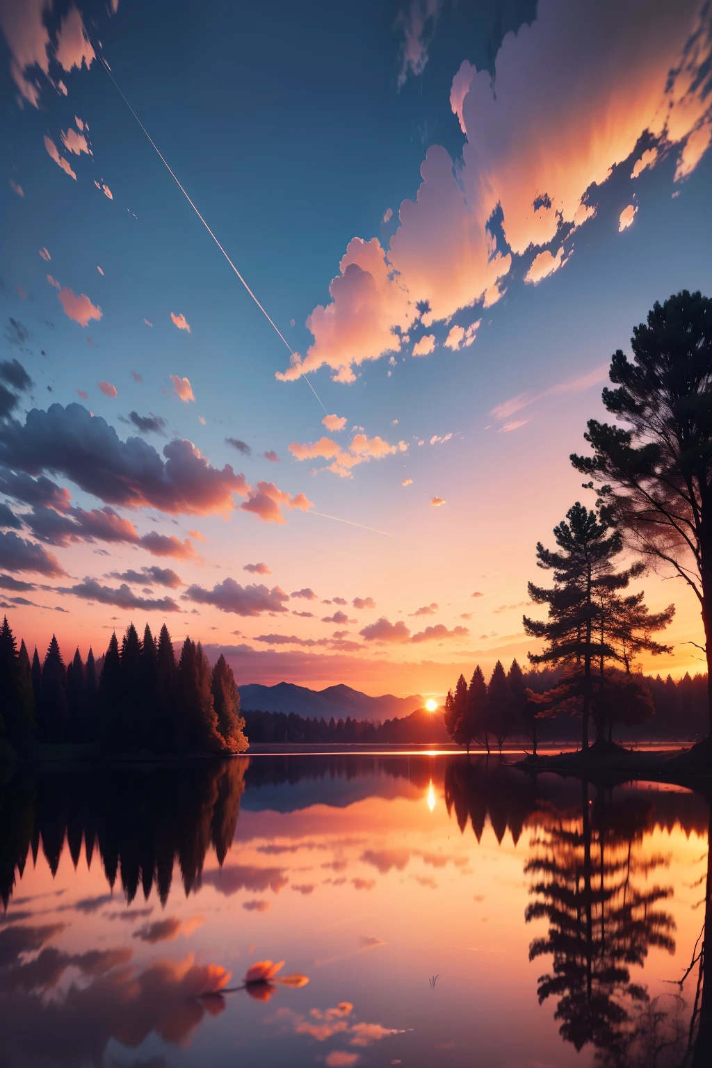 Had a beautiful sunset，Lakes and trees in the background, colorfull sky, surreal colors, Colorful sunset, Colorful sky, marvellous reflection of the sky, stunning skies, dream like atmosphere 8k, Colorful clouds, Colors reflected on the surface of the lake