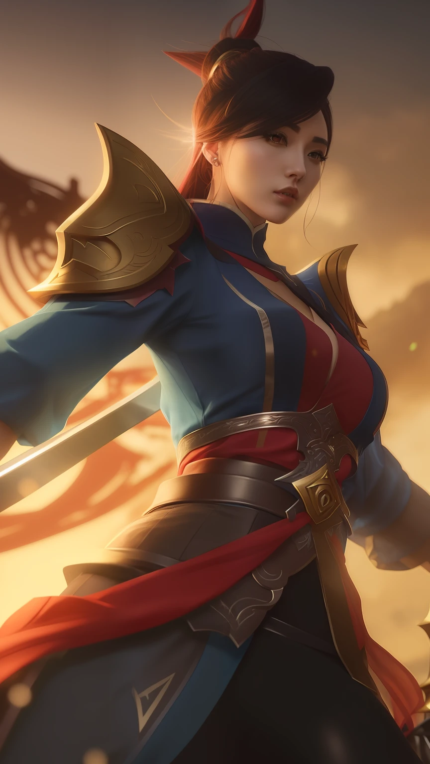 a woman in a blue and red outfit holding a sword, extremely detailed artgerm, katarina, inspired by Ju Lian, zenra taliyah, league of legends character, style artgerm, ashe, inspired by Yi Jaegwan, taliyah, artgerm lau, inspired by Lan Ying, league of legends character art, inspired by Yang Jin
