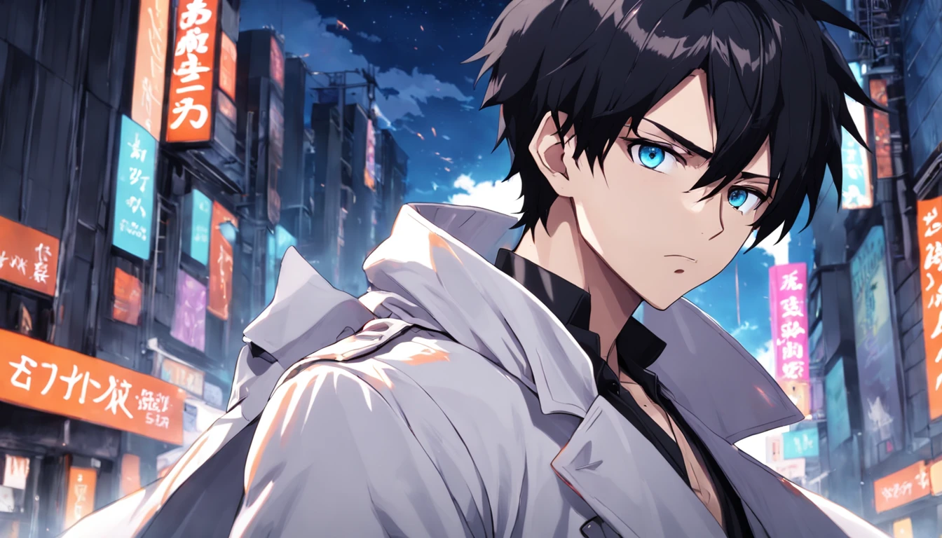 Handsome anime guy with short black hair and bright eyes,The body is well-proportioned and robust。Clothes wearing a white trench coat,