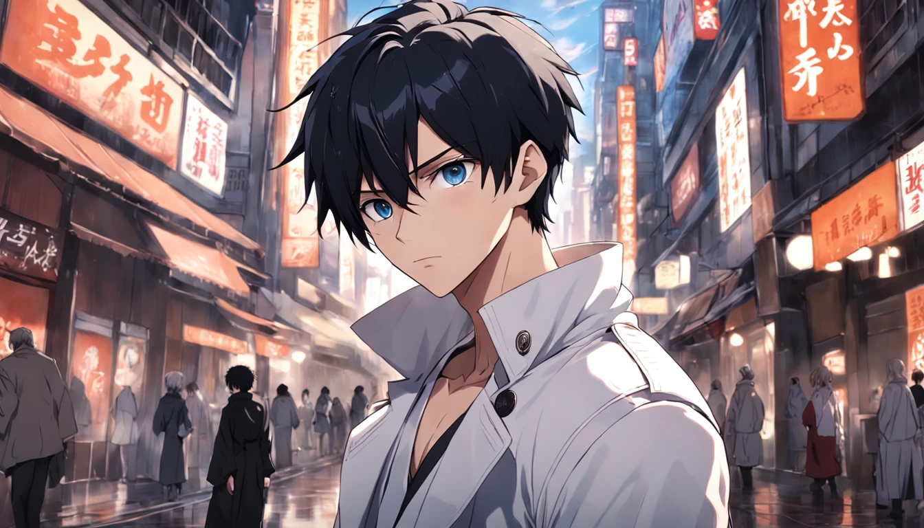 Handsome anime guy with short black hair and bright eyes,The body is well-proportioned and robust。Clothes wearing a white trench coat,