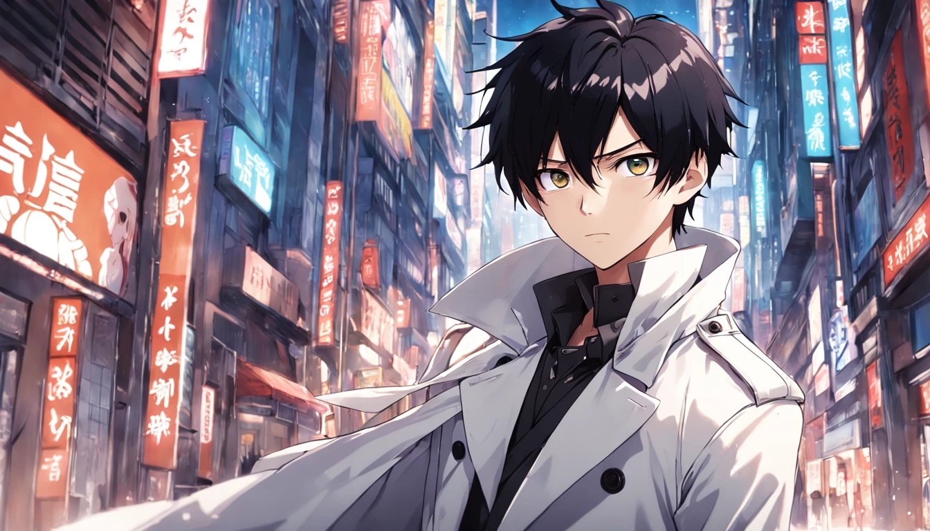 Handsome anime guy with short black hair and bright eyes，The body is well-proportioned and robust。Clothes wearing a white trench coat，
