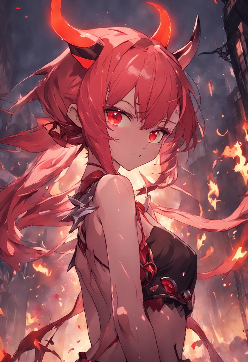 Devil girl with red hair twin tails and small horns、Cat-eyed and elf-eared、Tsundere girl with double teeth with Sephiroth feathers on her back、Flame tattoos all over the body、Fallen Angel、Demons