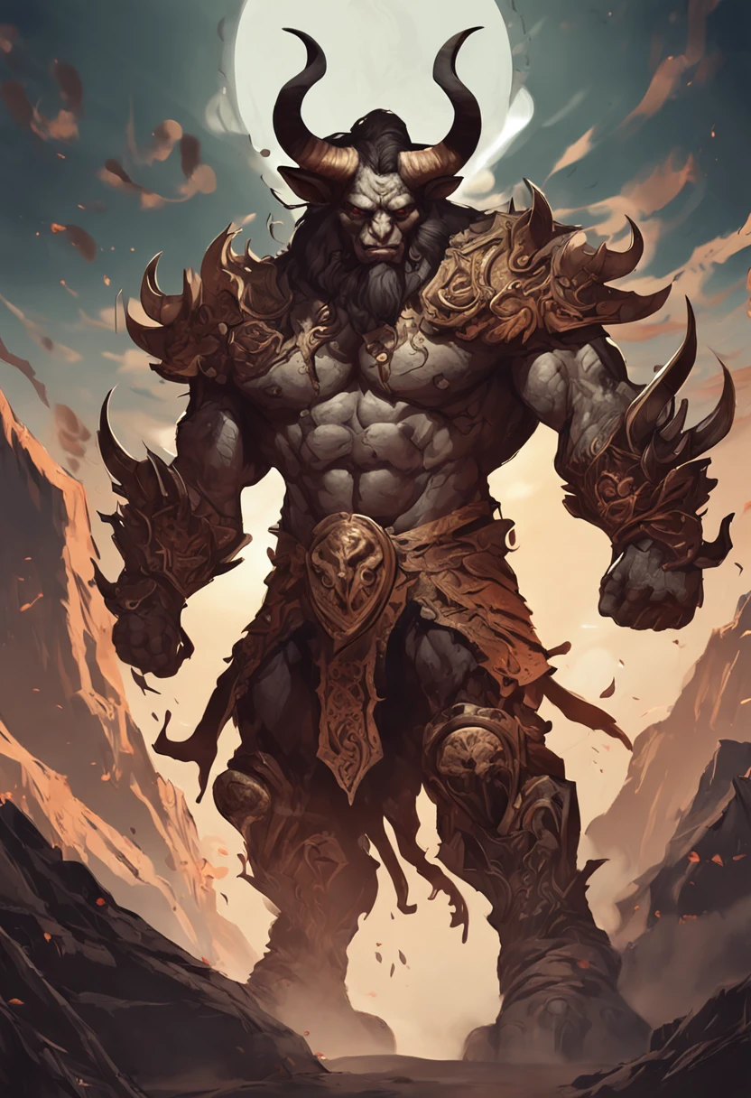 Anime-style Minotaur: A majestic Minotaur, with an imposing bull's head adorned with spiraling horns and deep, expressive eyes. athletic, no impressive armor with intricate details. The bull's skin is dark brown and covered with a fine, short coat. He is on his feet, ready for battle, a great sword in one hand and a determined expression on his face. The background is an epic backdrop with dramatic clouds and sunbeams streaking across the sky. a piece of chest armor