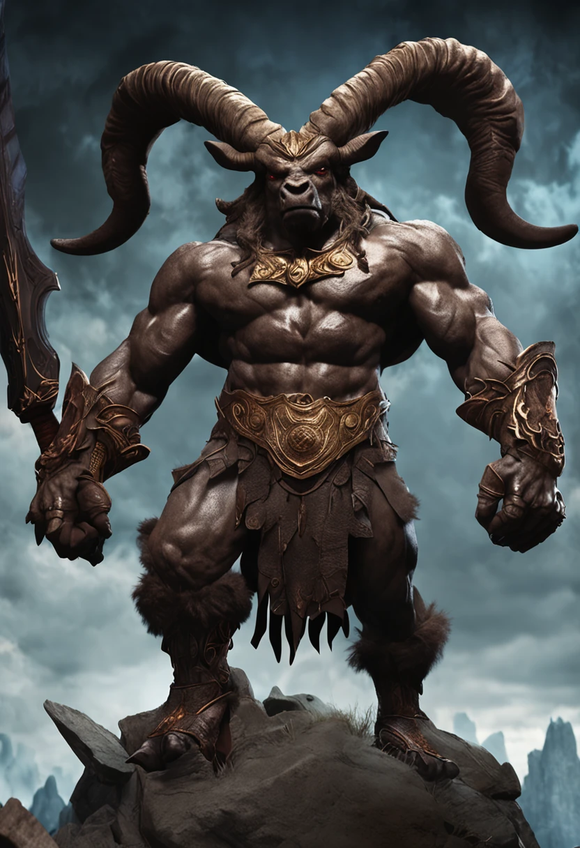 Anime-style Minotaur: A majestic Minotaur, with an imposing bull's head adorned with spiraling horns and deep, expressive eyes. athletic, no impressive armor with intricate details. The bull's skin is dark brown and covered with a fine, short coat. He is on his feet, ready for battle, a great sword in one hand and a determined expression on his face. The background is an epic backdrop with dramatic clouds and sunbeams streaking across the sky. a piece of chest armor