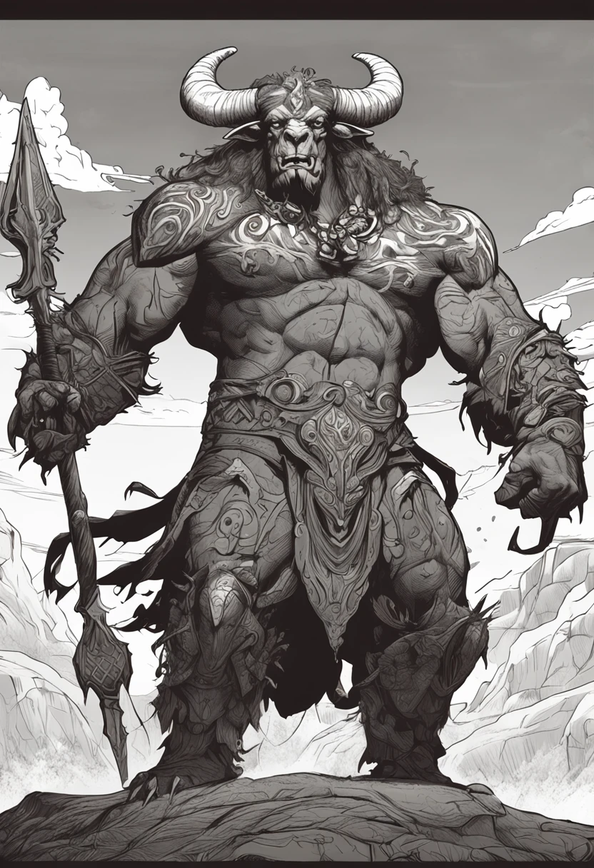 Anime-style Minotaur: A majestic Minotaur, with an imposing bull's head adorned with spiraling horns and deep, expressive eyes. athletic, no impressive armor with intricate details. The bull's skin is dark brown and covered with a fine, short coat. He is on his feet, ready for battle, a great sword in one hand and a determined expression on his face. The background is an epic backdrop with dramatic clouds and sunbeams streaking across the sky. a piece of chest armor