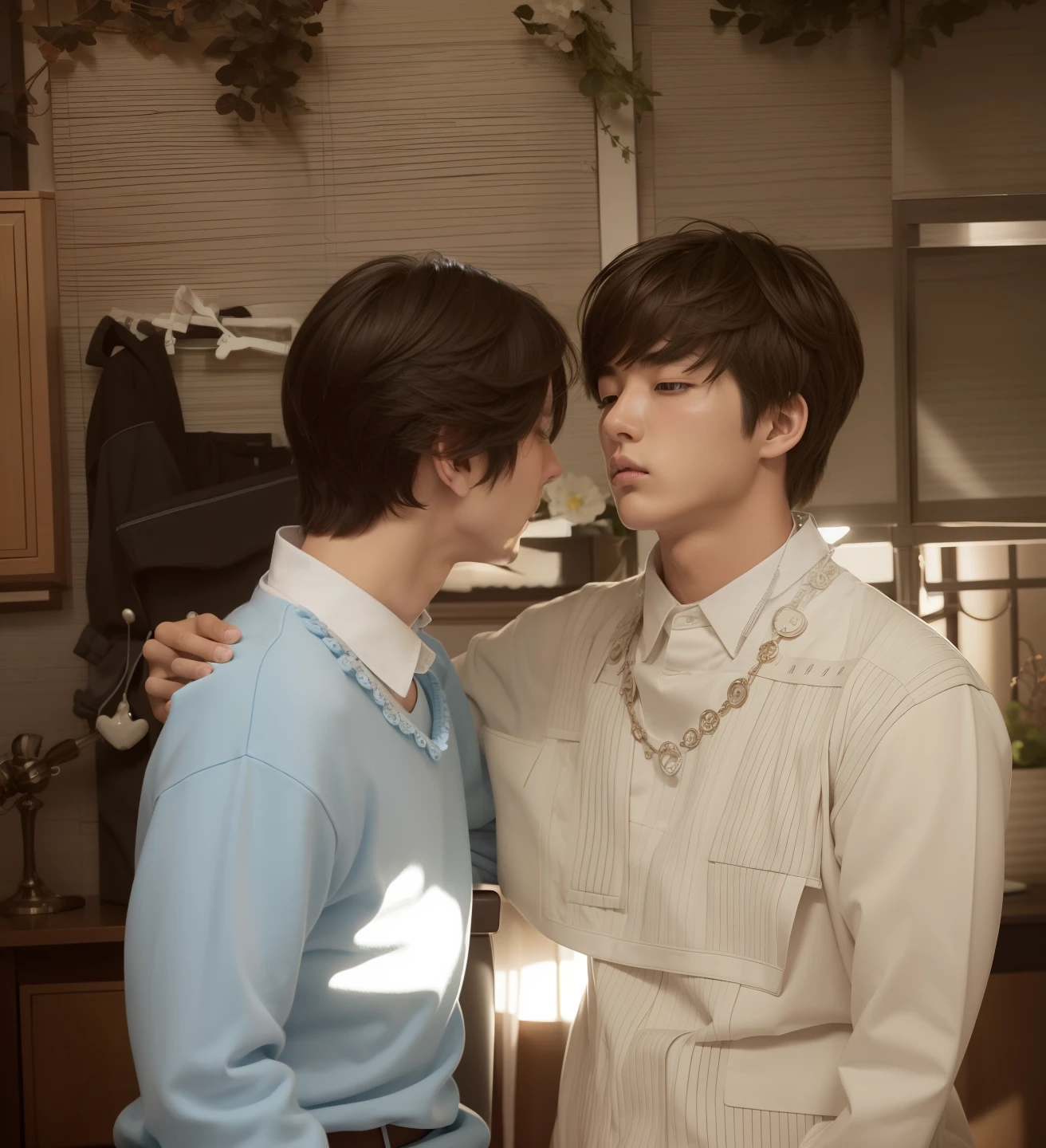 BL, a cool、Korean Male、Boys Love、the kiss、bedroom、Dark hair、brown haired、kawaii、Beautiful image quality、blue clothing、closing eye、