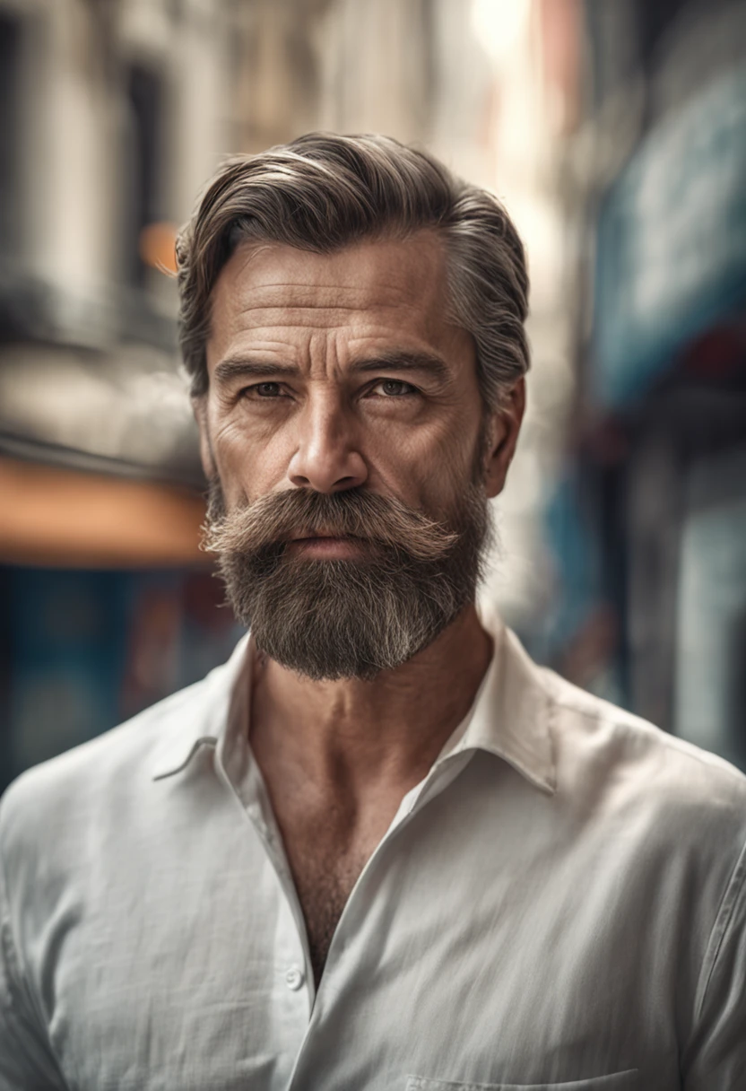 Man with beard and mustache in white shirt, Sehr attraktiver Mann mit Bart, gepflegte Gesichtsbehaarung, Pretty, breathtaking, realistic, Ultra-realistisches Bild, natural mustache, soft portrait shot 8 k, Highly detailed portrait, dicker Schnurrbart, Hyperrealistischer Stil, thin beard, kurze Gesichtsbehaarung, Bartstoppeln, Pretty, detailliertes Gesicht, ultra realistic portrait