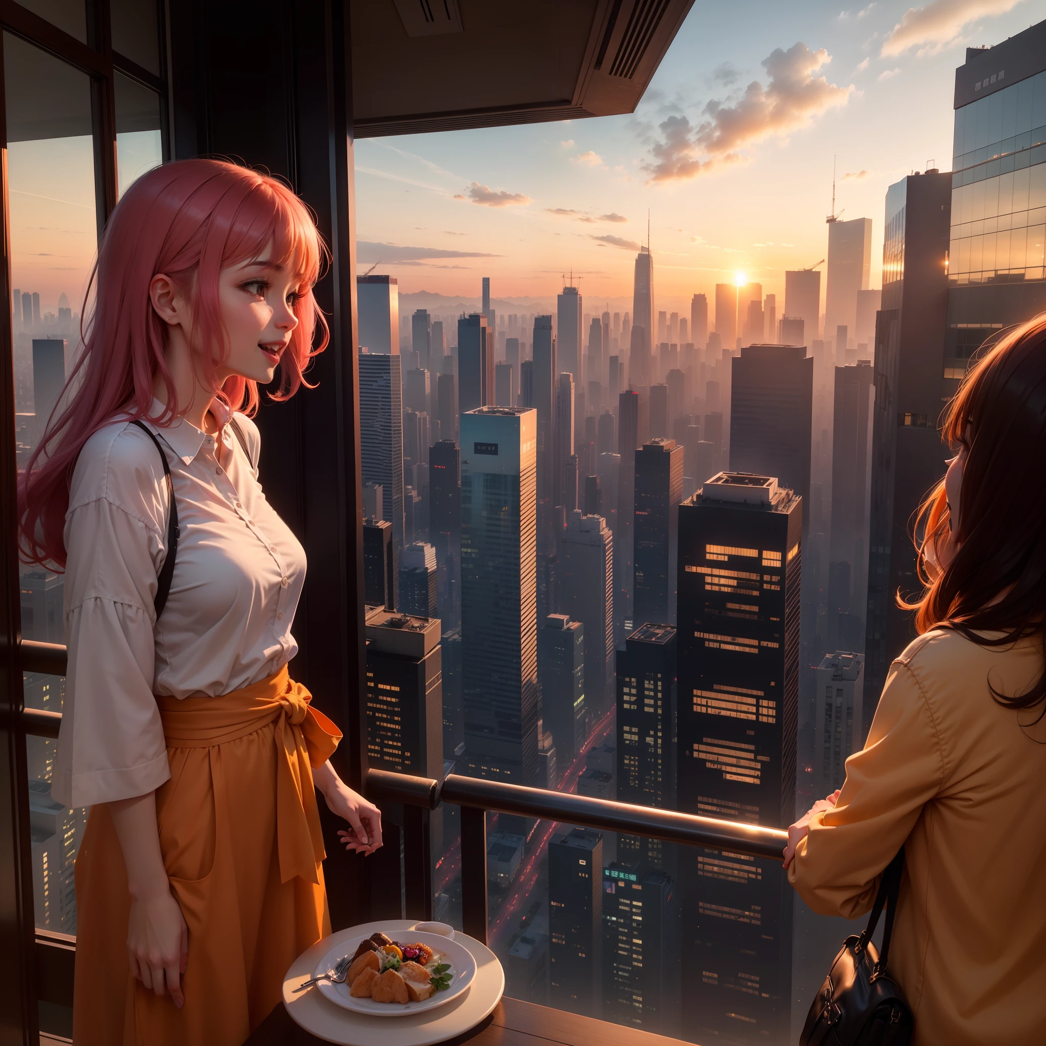 at the sunset, 城市, Skyscrapers, a person々Flow of, Building windows, Warm light, Walkway, a person々, cafe terrace, Friends, Laughing, Skysky, an orange, pink there, tints, Urban hustle and bustle, Beautiful sunset, harmony