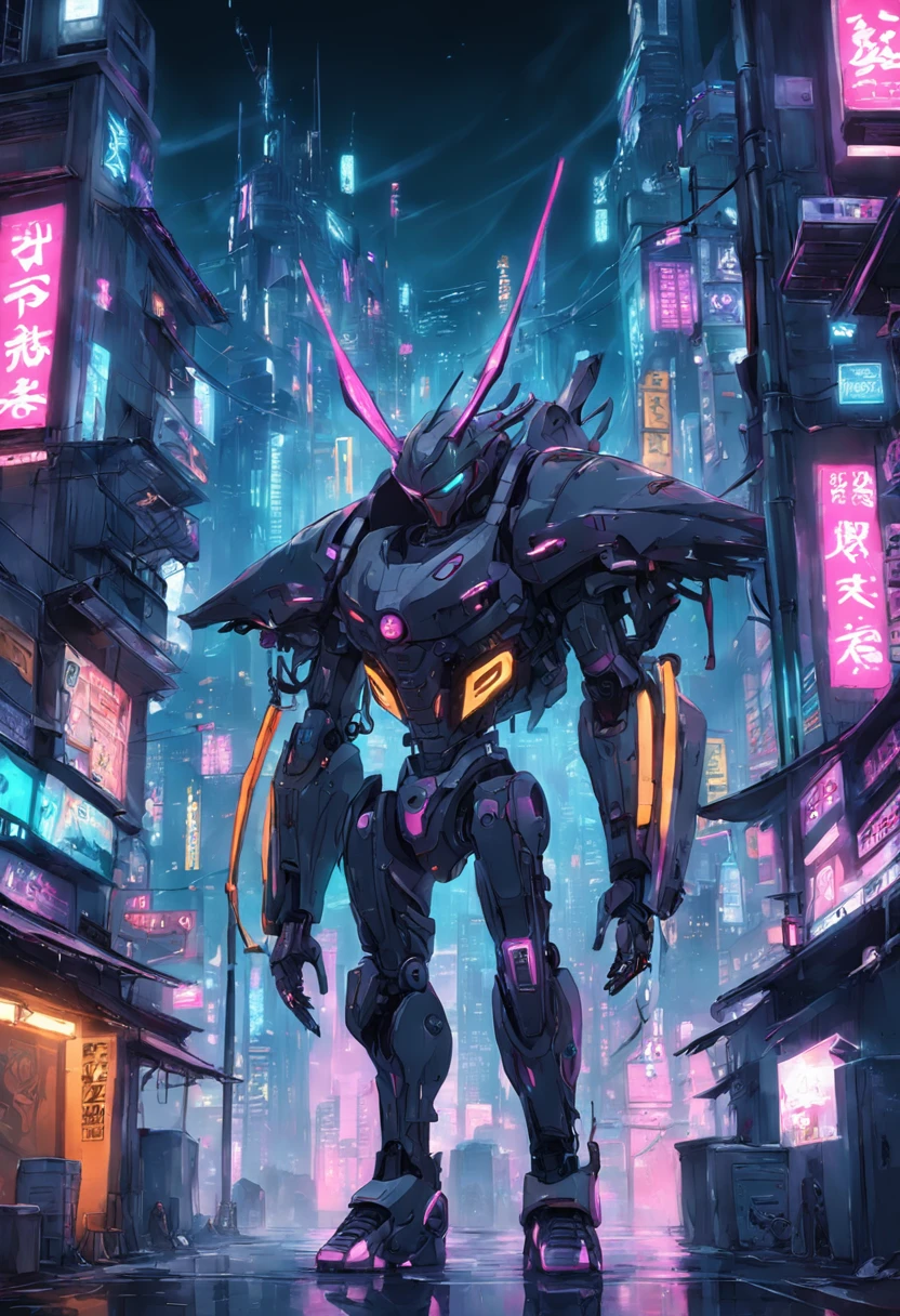 A FUTURISTIC JAPANESE CITY AT NIGHT THAT IN THE CENTER OF THEIR CITY HAVE A METEORITE THAT THEY USE AS A POWER PLANT, PANORAMIC