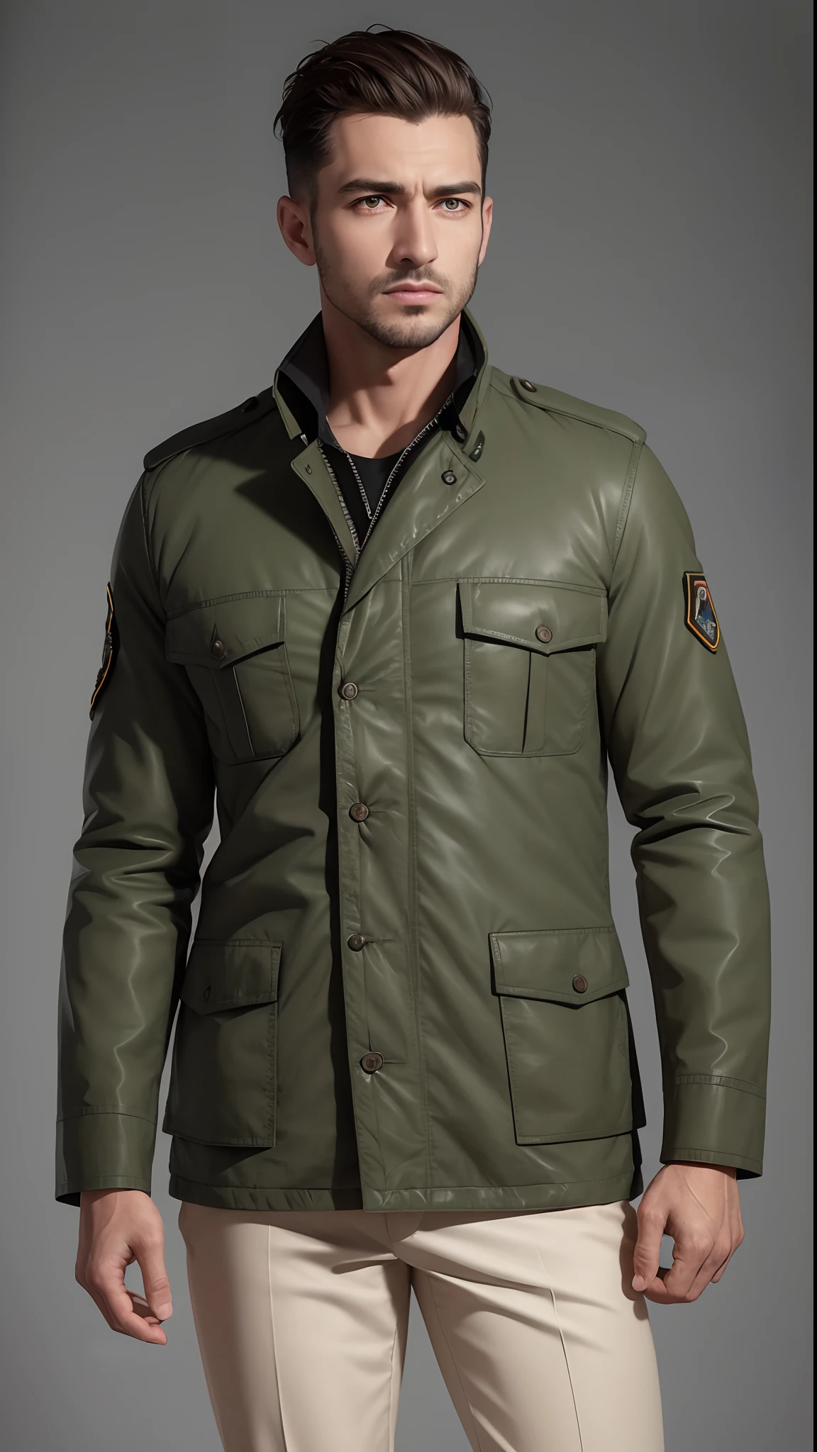 a man in a green jacket and tanned pants standing up, wearing jacket, military clothing, vestindo jaqueta verde, vestindo uma jaqueta de aviador, wearing hunter coat, medium, Roupas de piloto militar, suit jacket, impeccable military composure, jaqueta sobre tronco nu, encapuzado, Close view, post war style, inspired by Slava Raškaj, Foto do perfil, vestindo roupa militar, fotografiarrealista, fotografia, obra-prima, realista, Realismo, renderizado, Alto contraste, Arte Digital, fotográficorealista, trend in Artstation 8k HD, high definiton, circunstanciado, Realistic, detalhada, textura da pele, hiperdetalhada, Textura realista da pele, melhor qualidade, ultra high-resolution, (fotografiarrealista: 1.4), alta resolução, detalhada, fotografia crua, sharp resolution, Nikon D850 filmes, fotografia de stock 4, Kodak Portra 400 Camera F1 Lens.6, textura hiper realista, lighting dramatic, Unrealistic trend in Artstation Cinestill 800, .RAW. Directed by: Lee Jeffries.