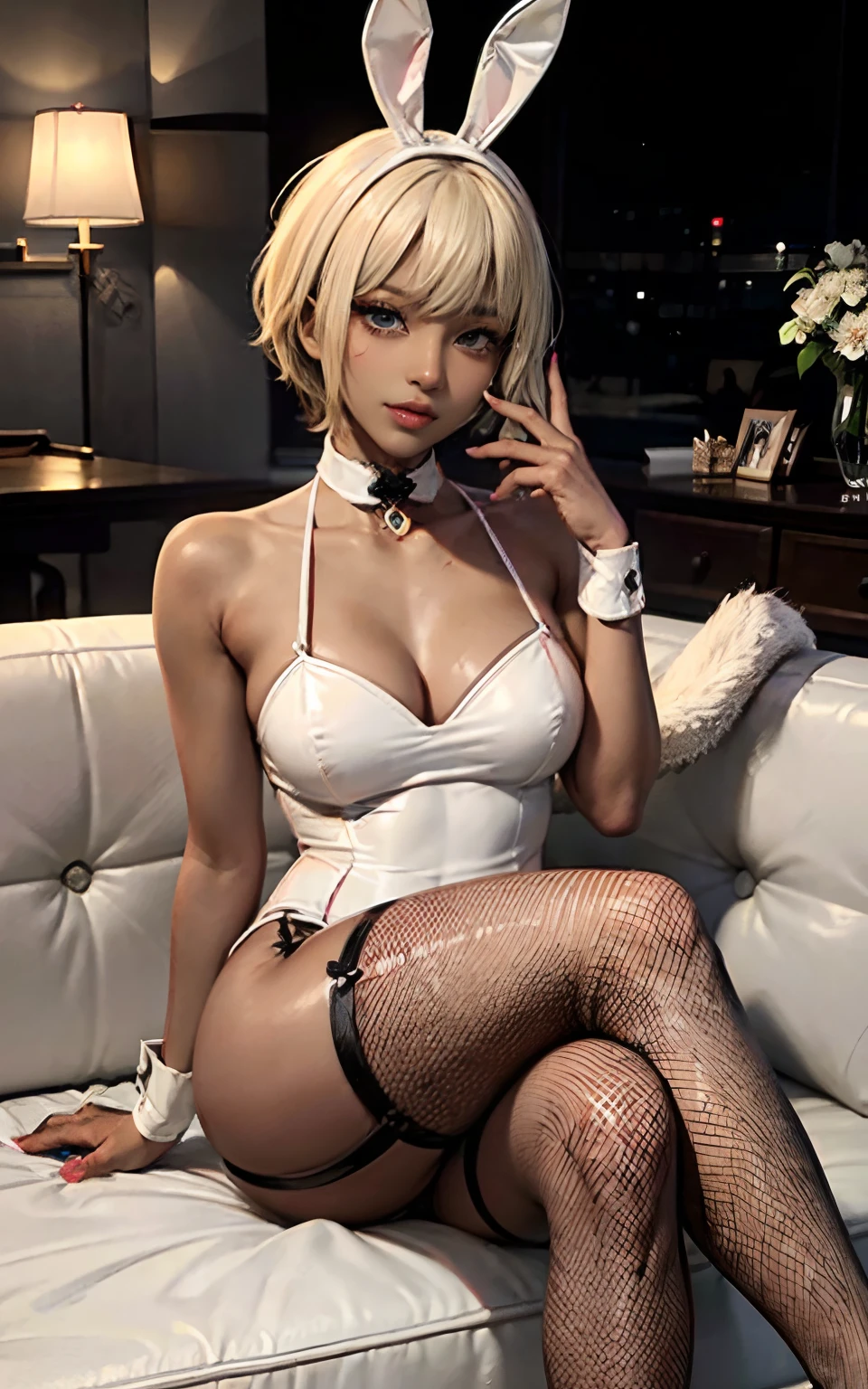 Best Quality, (masutepiece:1.2), Highly detailed, 1girl in, Solo, Looking at the viewer, of the highest quality, Blurry background, Incredibly beautiful, very delicate 8k wallpaper, Transcendently Beautiful Girl, Masterpiece face, (Eyes of a masterpiece:1.5), (pixie cut hair:1.3), (Multicolored blonde hair, Short shaving surface, very short back, Very short side, Undercut, sidecut:1.3), (long eyelashes), (deep skin, Dark skin:1.7), makeup, Choker, Piercing, (Wearing fishnet stockings:1.2), , (Five Fingers, 4fingers and 1thumb), Glossy shocking pink lipstick、Oil,lounging、Luxury Clubs、cabaret club、Bright red velvet sofa、Dim lighting、Opening legs、dashed eyes, Seductive smile, in heat, Naughty face, Garter Belt, garter strap, {{{{bright red、Wearing, Bunny Girl, playboy, bunny}}}}, crossed legs, Lie down on a sofa, randome pose