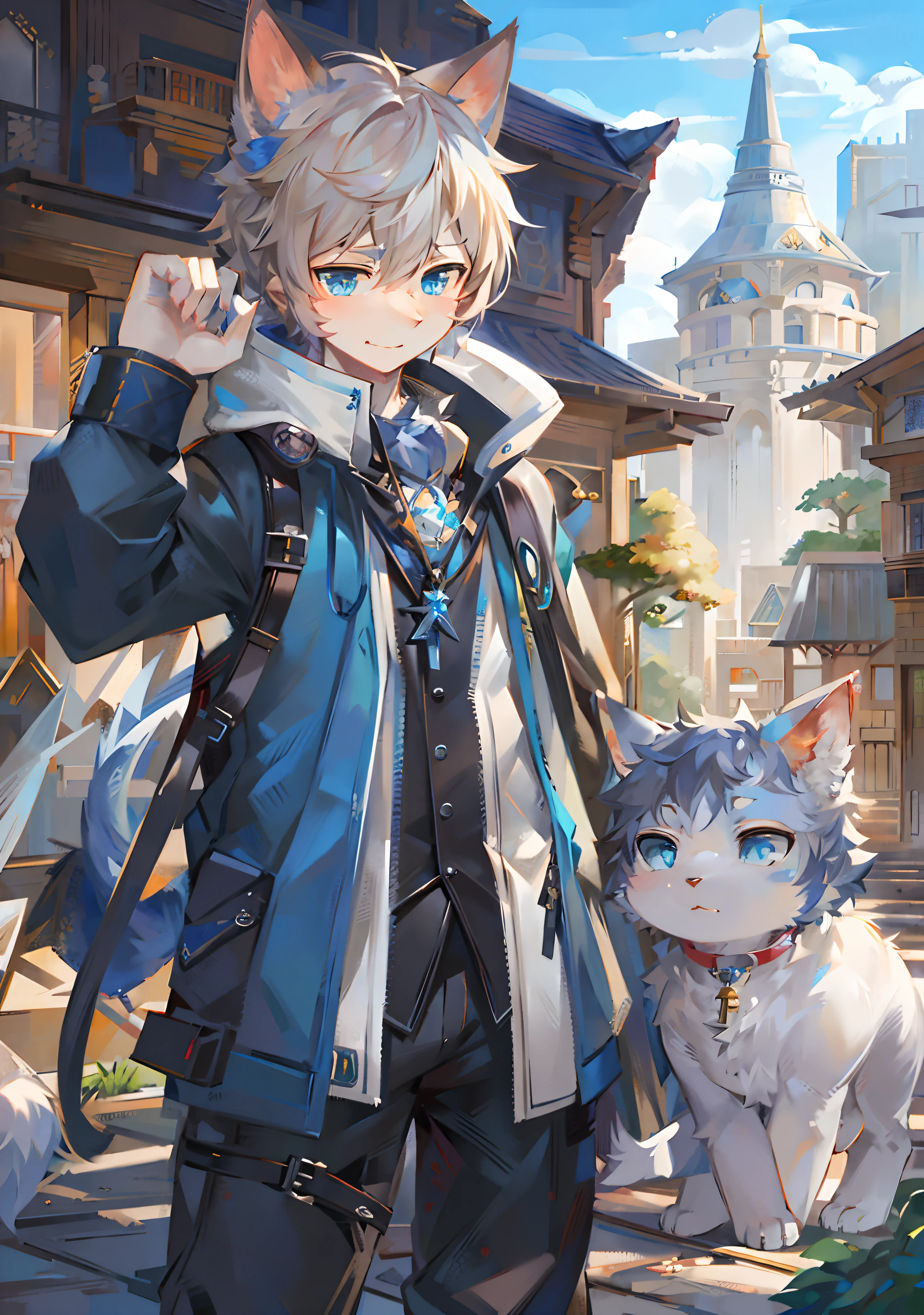 Anime characters with cats and buildings in the background, Tall anime guy with blue eyes, Boy with fox ears and tail, WLOP and Sakimichan, From Arknights, Genshin, Best anime 4k konachan wallpaper, Guviz-style artwork, style of anime4 K, Key anime art, Keqing from Genshin Impact