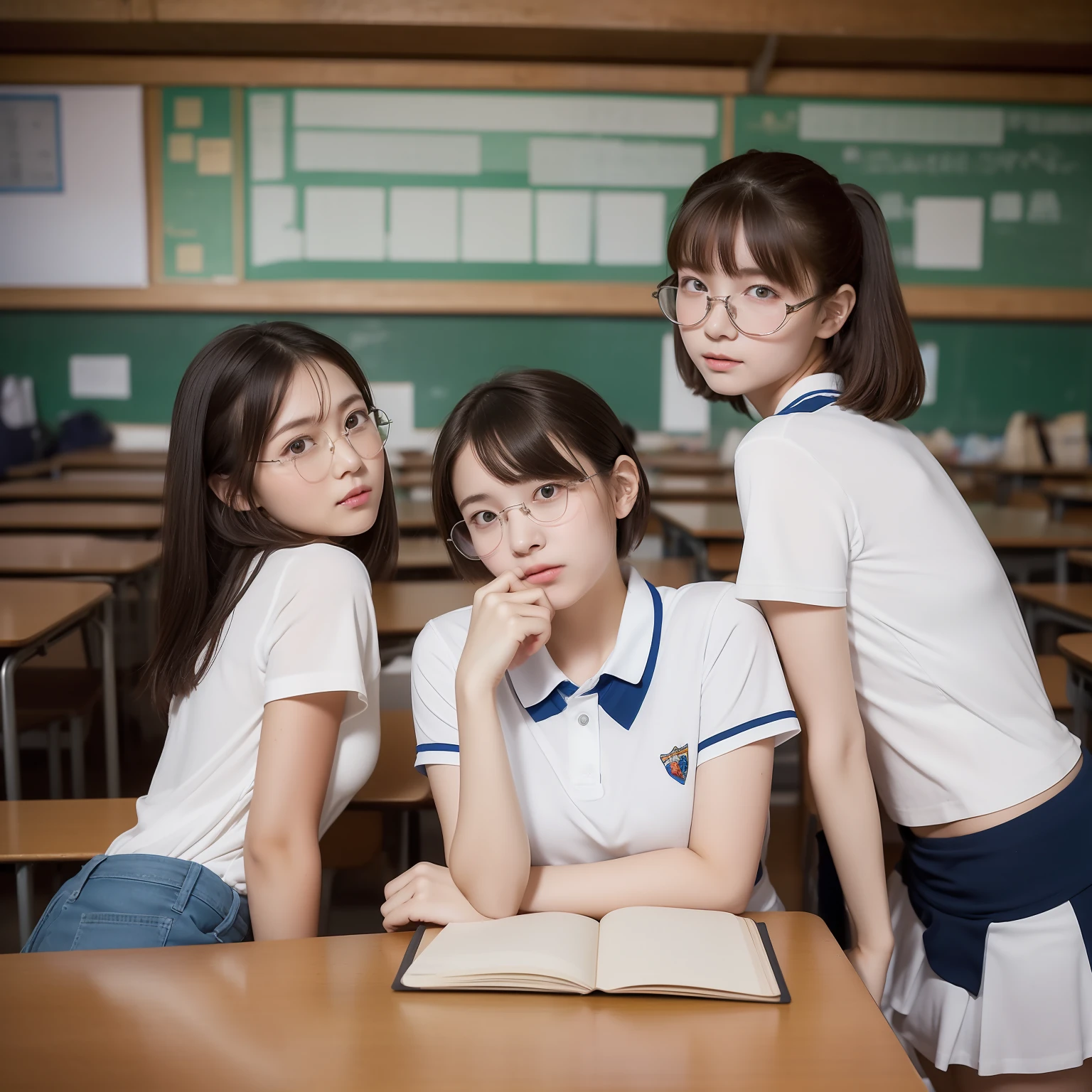 top-quality、masterpiece、超A high resolution、(Photorealsitic:1.5)teens girl、hi-school girl、18year old、Pretty girl、Twisting the body from the left、Looking back from left、Constricted hips、small ass、toppless、White shorts、White pants、collateral、Turned、Beautiful skins、年轻、Russian face、short-cut、Rimless glasses、big eye、a small face、Small face、Sweaty skin、Tight buttocks、Pants dig into、Shorts bite into、Background Classroom、School classroom background、There is a desk.、