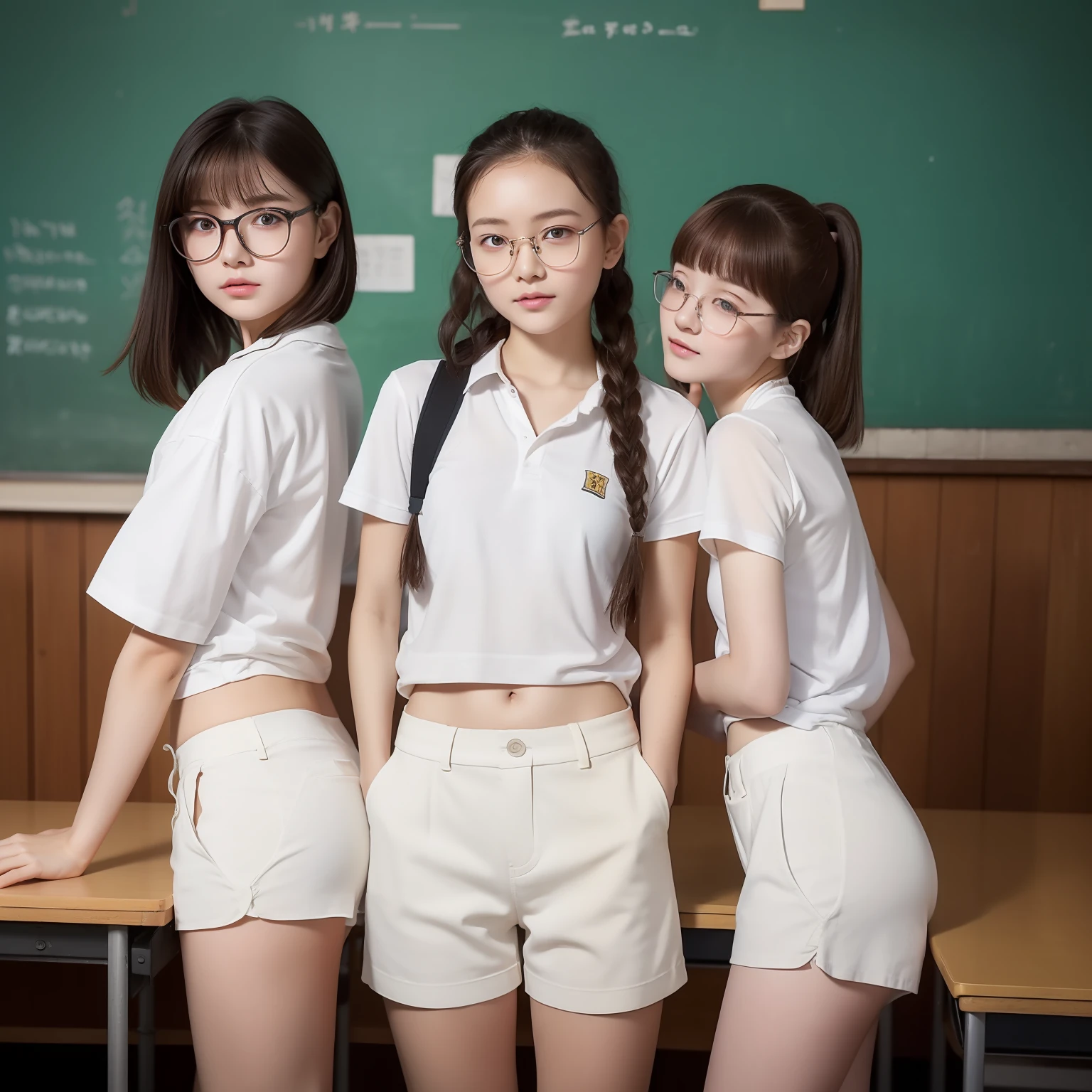 top-quality、​masterpiece、超A high resolution、(Photorealsitic:1.5)teens girl、hi-school girl、18year old、Pretty girl、Twisting the body from the left、Looking back from left、Constricted hips、small ass、toppless、White shorts、White pants、collateral、Turned、Beautiful skins、年轻、Russian face、short-cut、Rimless glasses、big eye、a small face、Small face、Sweaty skin、Tight buttocks、Pants dig into、Shorts bite into、Background Classroom、School classroom background、There is a desk.、