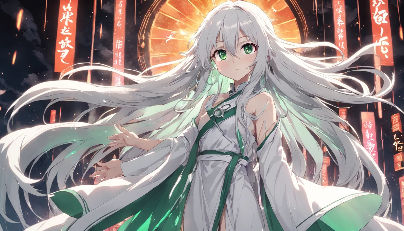 Anime character with long white hair, Flowing hair and white robes，Emerald eyes，Whole body diagram