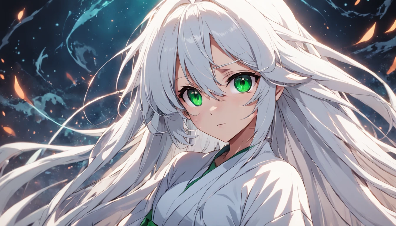 Anime character with long white hair, Flowing hair and white robes，Emerald eyes，Whole body diagram