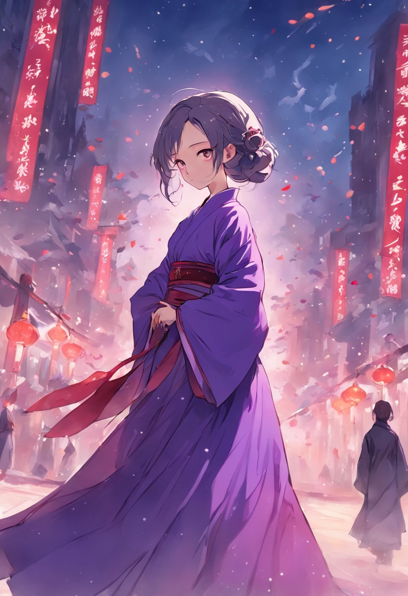 A girl in a long dress in Hanfu, younger female , There is a palace in the distance ，cabelos preto e longos, Black eyes, snow-white skin, distinct features, high poor nose, carmine small lips, purple blue with long skirt, bare shoulders and chest, The body is slender and the front is convex and upturned to show the sexiness